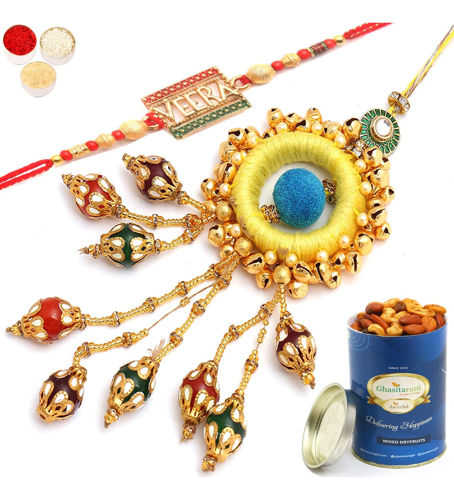 Ghasitaram Gifts Rakhis Online - Rakhi for Brother- Mere Pyaare Veera rm 072 Bhaiya Bhabhi Rakhi with 100 GMS of Dryfruits Mix Can Rakhi Set with 100 gms of Dryfruits Mix Can - Buy Online on GoSupps.com