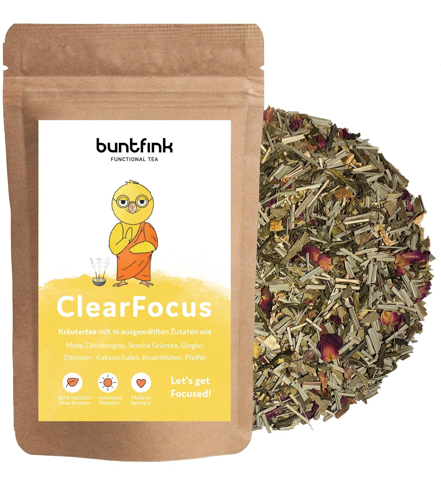 Buntfink Loose Mate Tea mix with green tea Sencha lemongrass ginkgo ClearFocus herbal tea mixture with natural caffeine focus tea concentration 60 g without additives and flavors - Buy Online on GoSupps.com