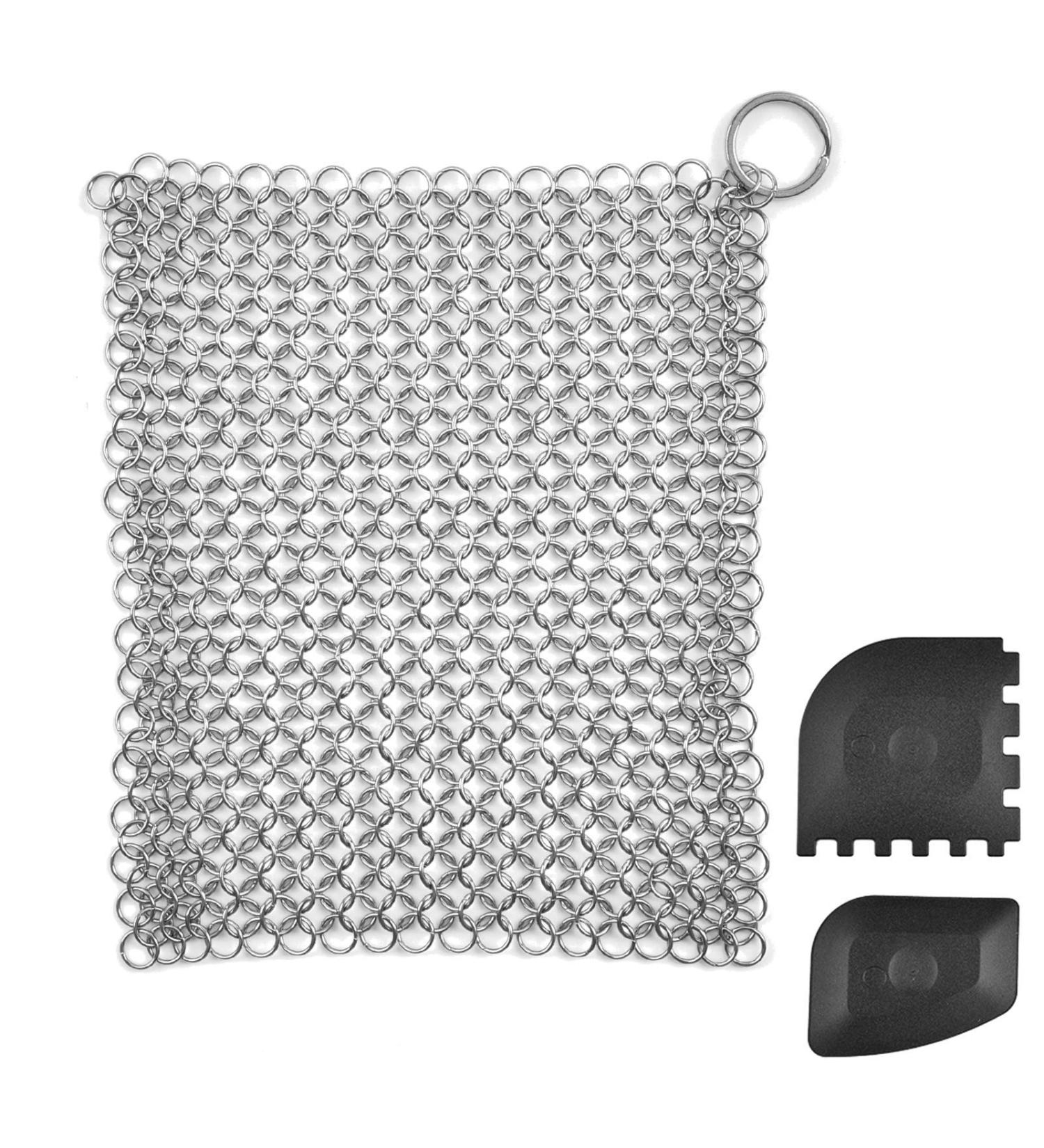TIMESETL Cast Iron Cleaner Stainless Steel Chainmail Scrubber Cast Iron Skillet Cleaner with Pan Grill Scraper for Skillets Griddles Pans and Woks Set of 3 - Buy Online on GoSupps.com