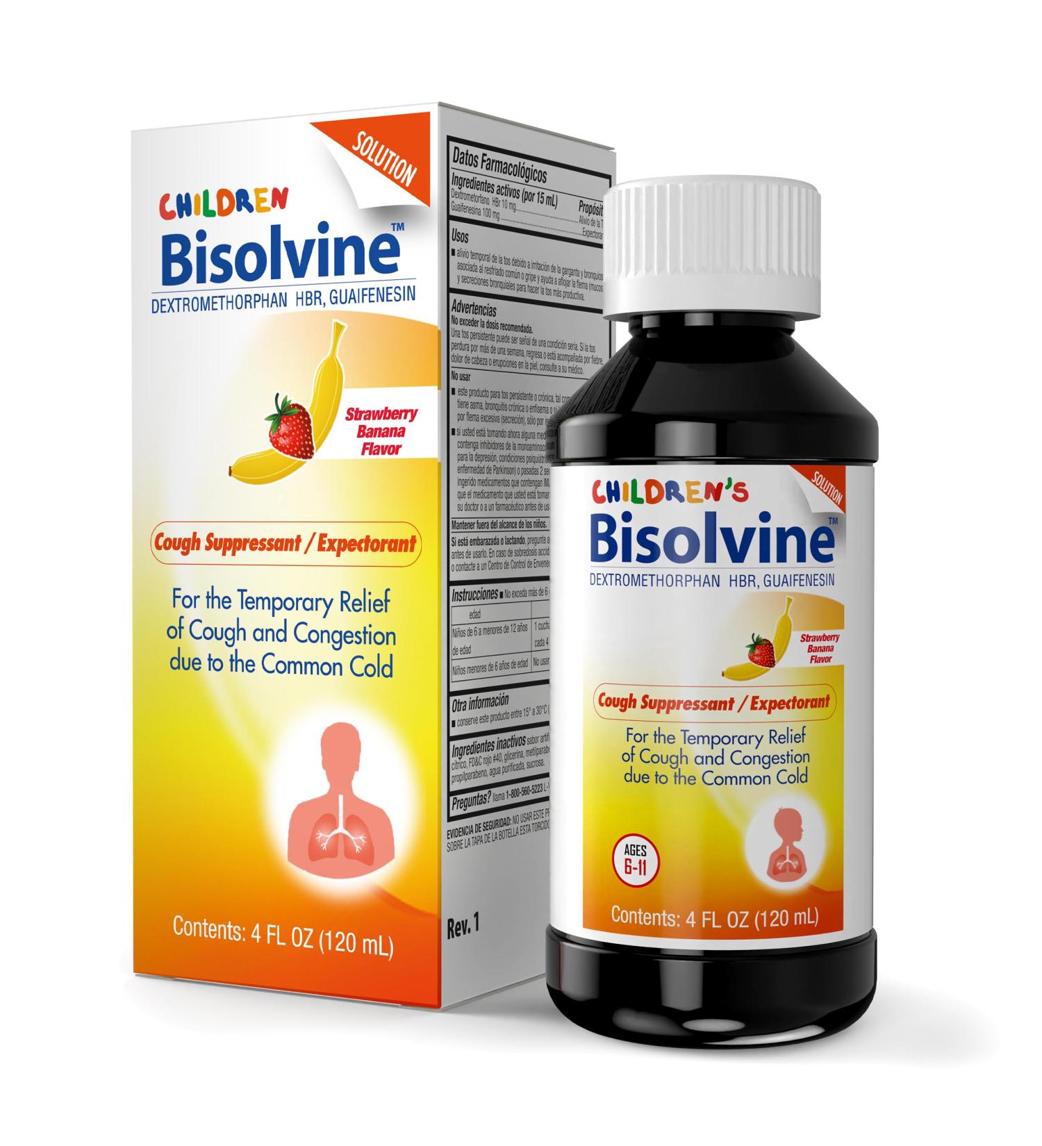 Bisolvine Children Cough Syrup with Expectorant and Cough Suppressant for Kids Strawberry Banana Flavor Effective Nasal Decongestant for Congestion Relief Common Cold Support 4 fl oz 1-Pack - Buy Online on GoSupps.com