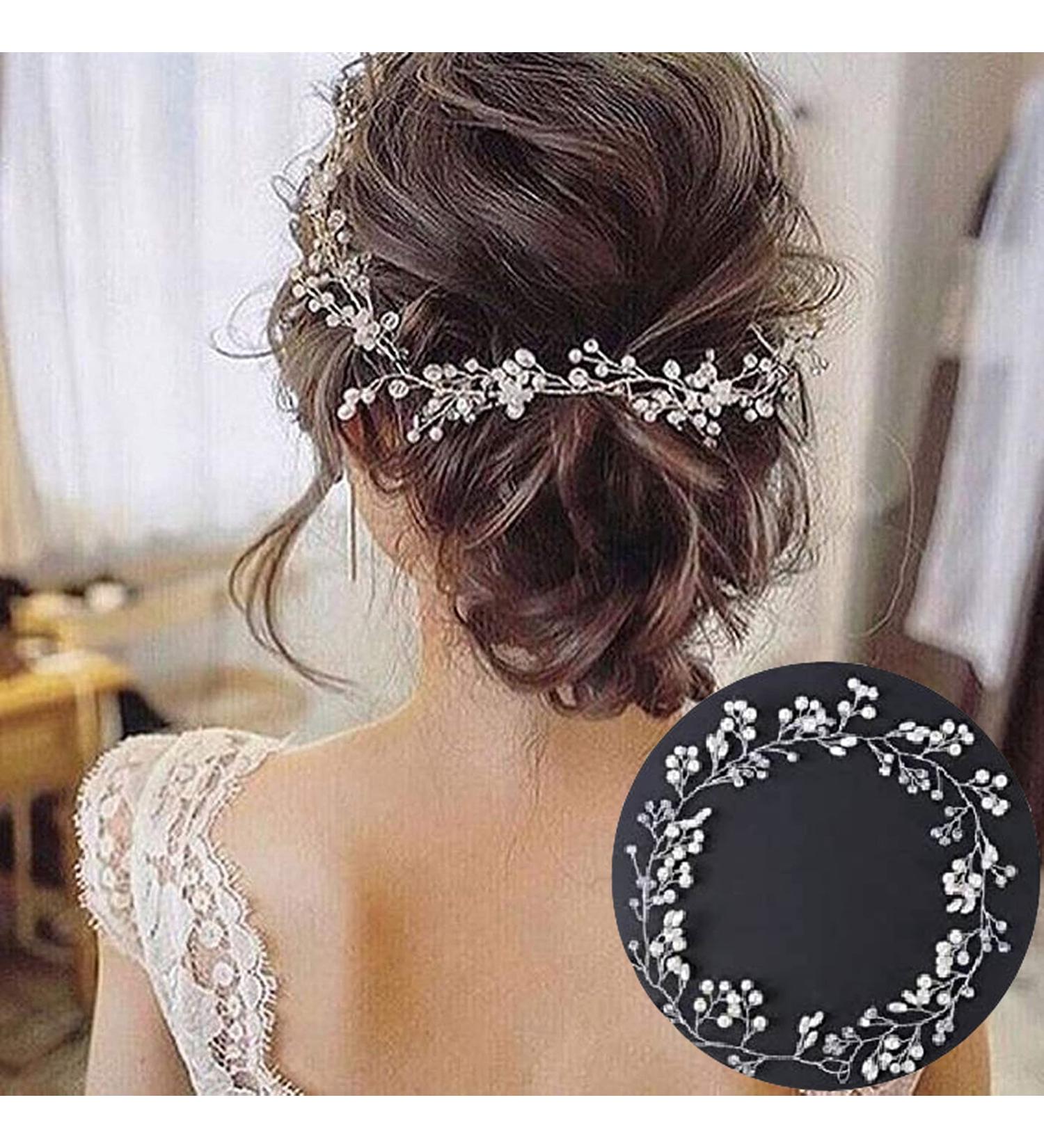 50cm Wedding Hair Jewelry | Bride Pearl Rhinestone Headband | Silk Flower Accessories for Curly Hair & Girls - Buy Online on GoSupps.com