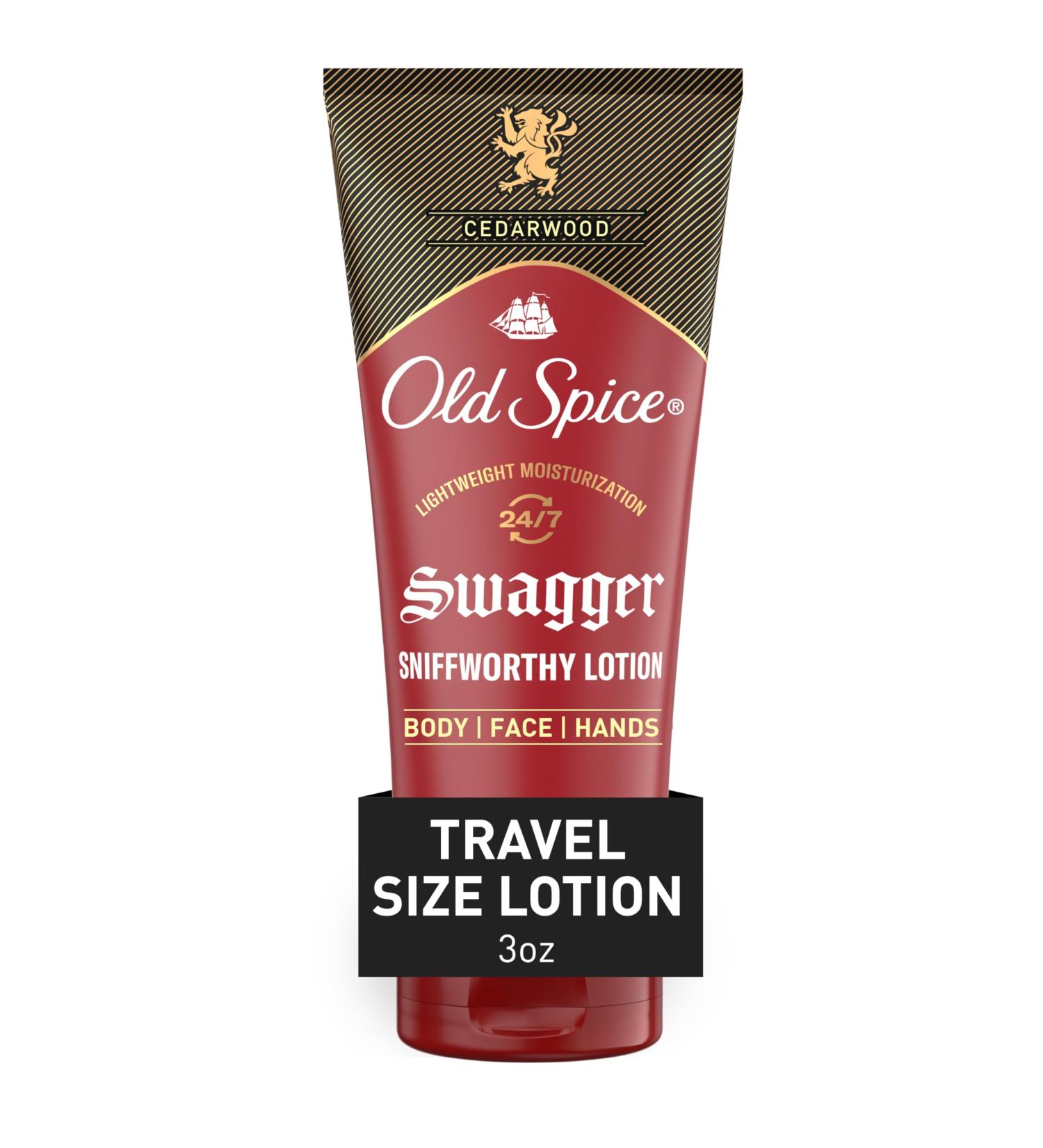 Old Spice Body Lotion for all skin types Travel Size 24/7 Lightweight Moisturization with Amazing Scent for Face Hand and Body Swagger Scent of Cedarwood Instant Absorption 3oz