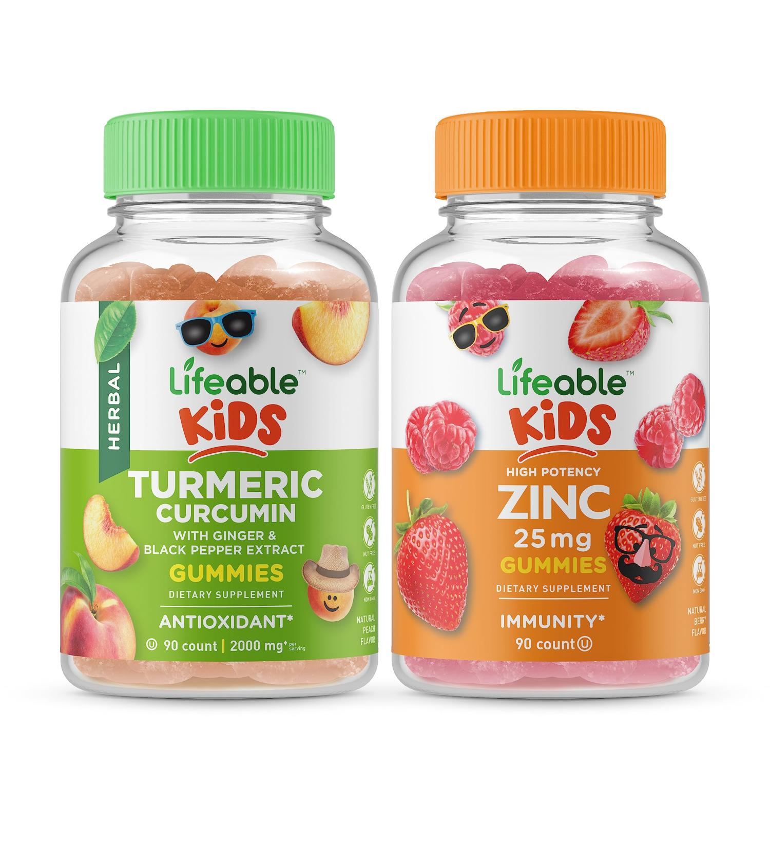 Lifeable Turmeric Curcumin Kids + Zinc 25mg Kids Gummies Bundle - Great Tasting Vitamin Supplement Gluten Free GMO Free Chewable Gummy - Buy Online on GoSupps.com