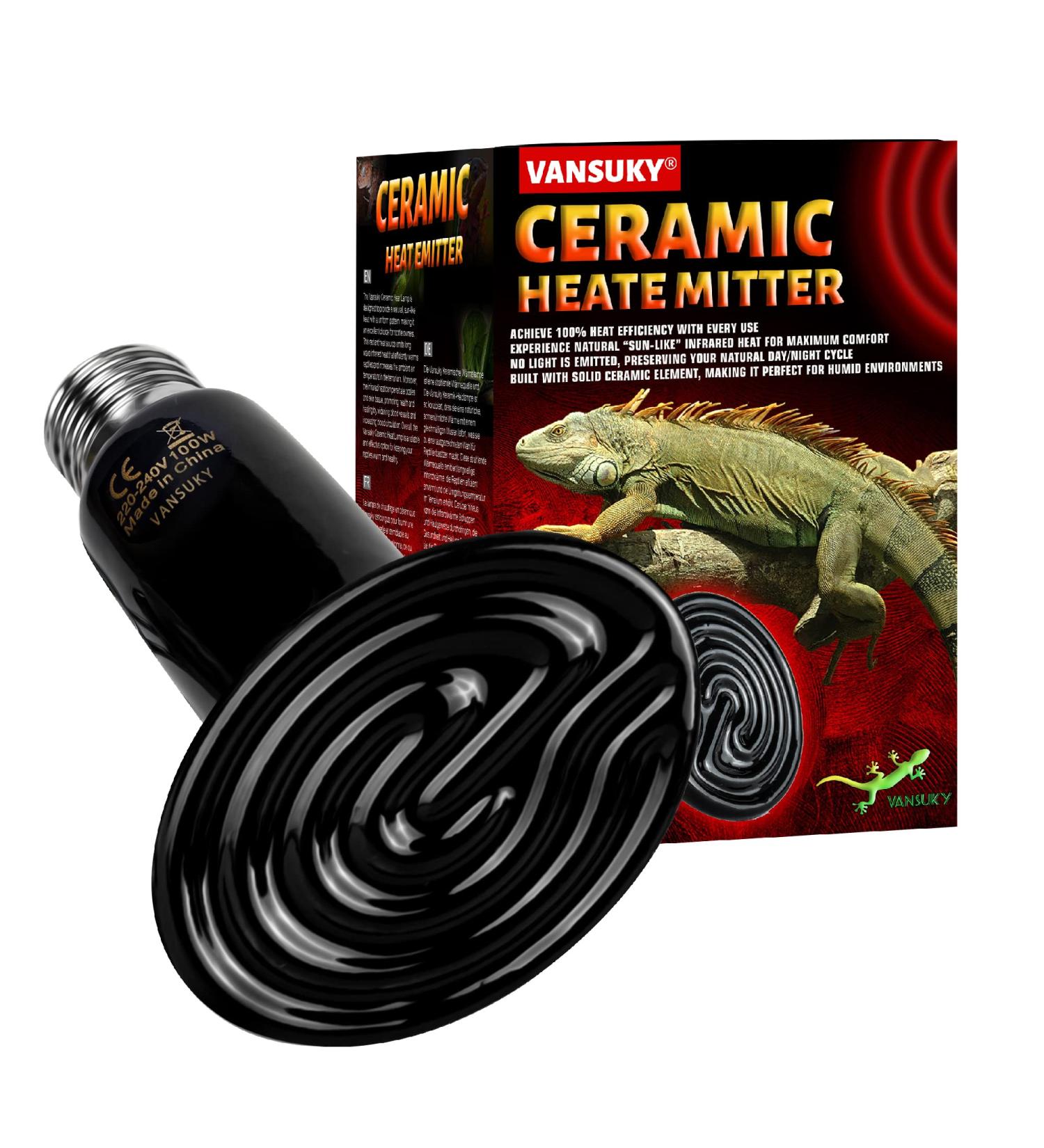 Vansuky 200W Black Ceramic Heat Lamp - E27 Reptile Heating Bulb for Turtle & Breeding | AC 220-240V - Buy Online on GoSupps.com