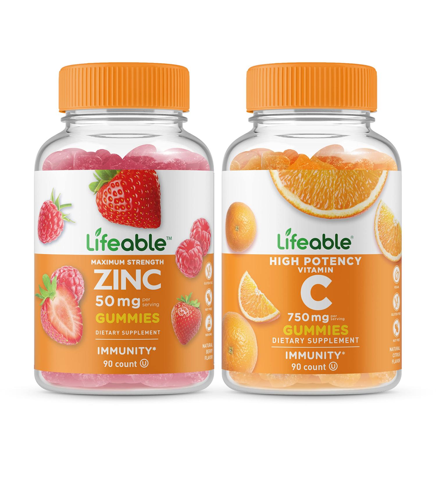 Lifeable Zinc 50mg + Vitamin C 750mg Gummies Bundle - Great Tasting Vitamin Supplement Gluten Free GMO Free Chewable Gummy - Buy Online on GoSupps.com