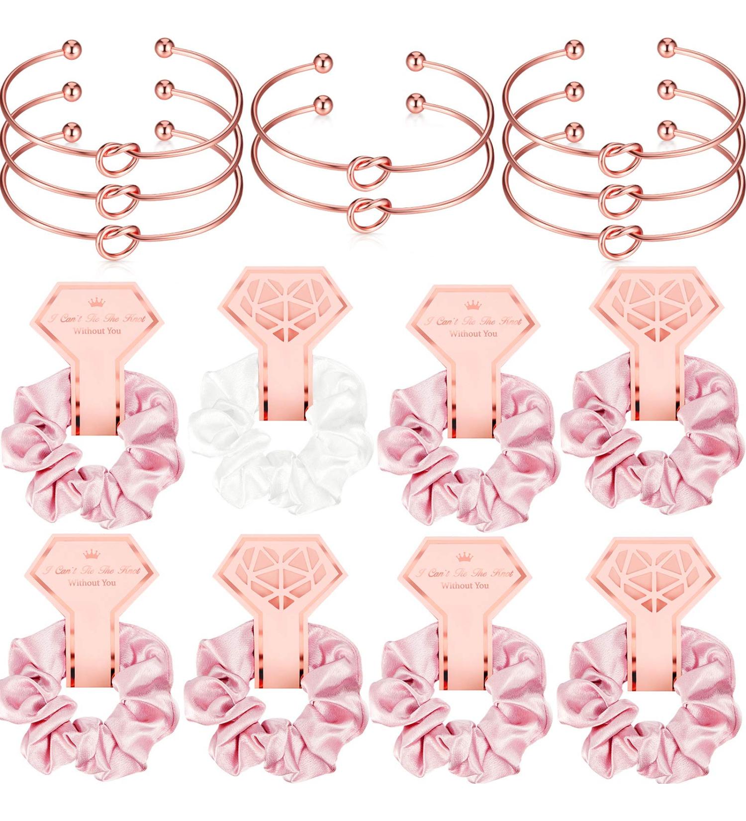 8-Piece Satin Hair Ties & Bridesmaid Bracelets | Bridal Shower Favors with 'I Can't Tie the Knot Without You' Cards - Pink & White - Buy Online on GoSupps.com