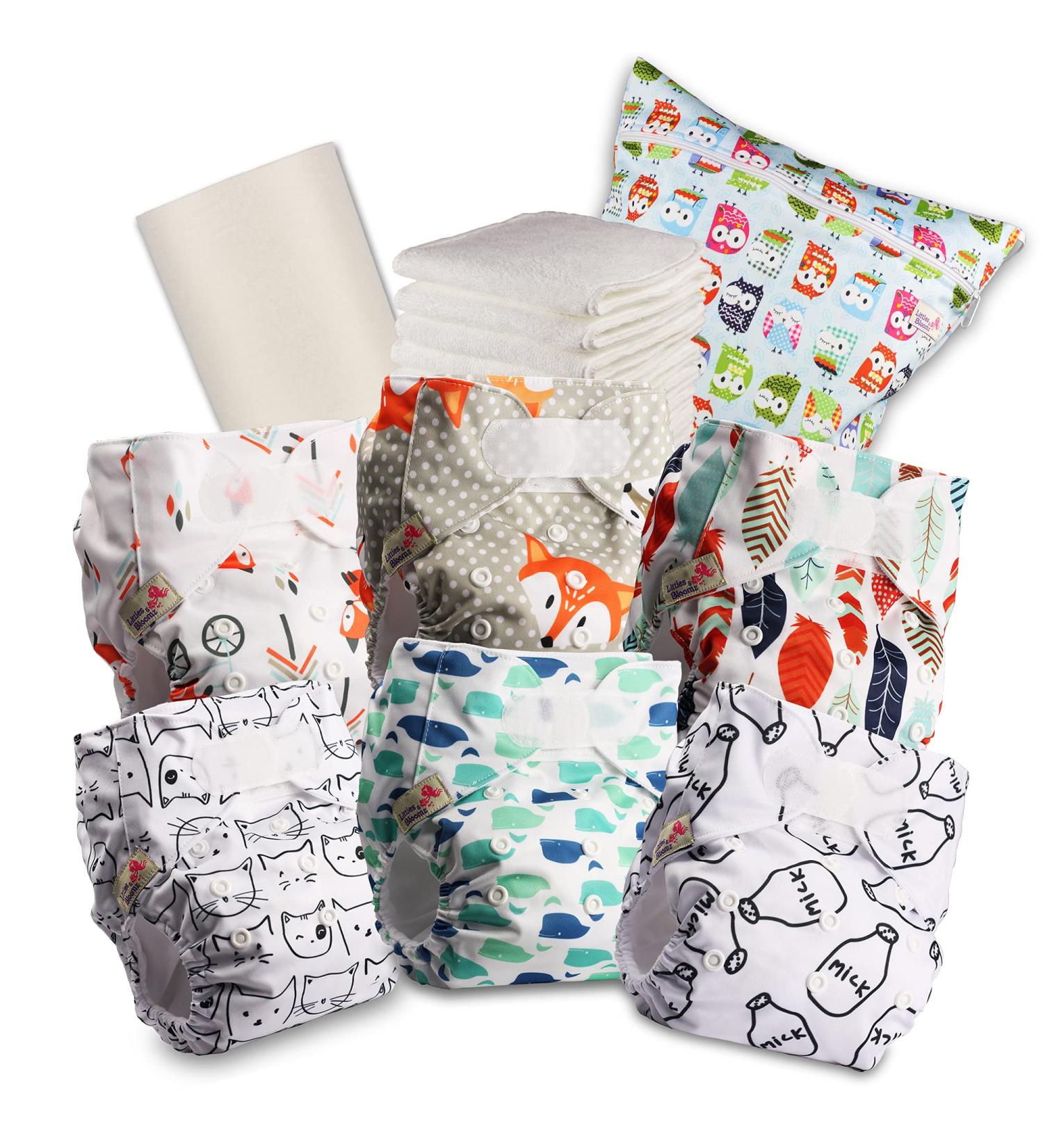 Littles & Bloomz Baby Reusable Nappy Cloth Pocket Diaper Standard Hook and Loop 6 Nappies + 6 Inserts 1 Disposable Bamboo Liner 1 Wet Nappy Bag 606VM6 Design06