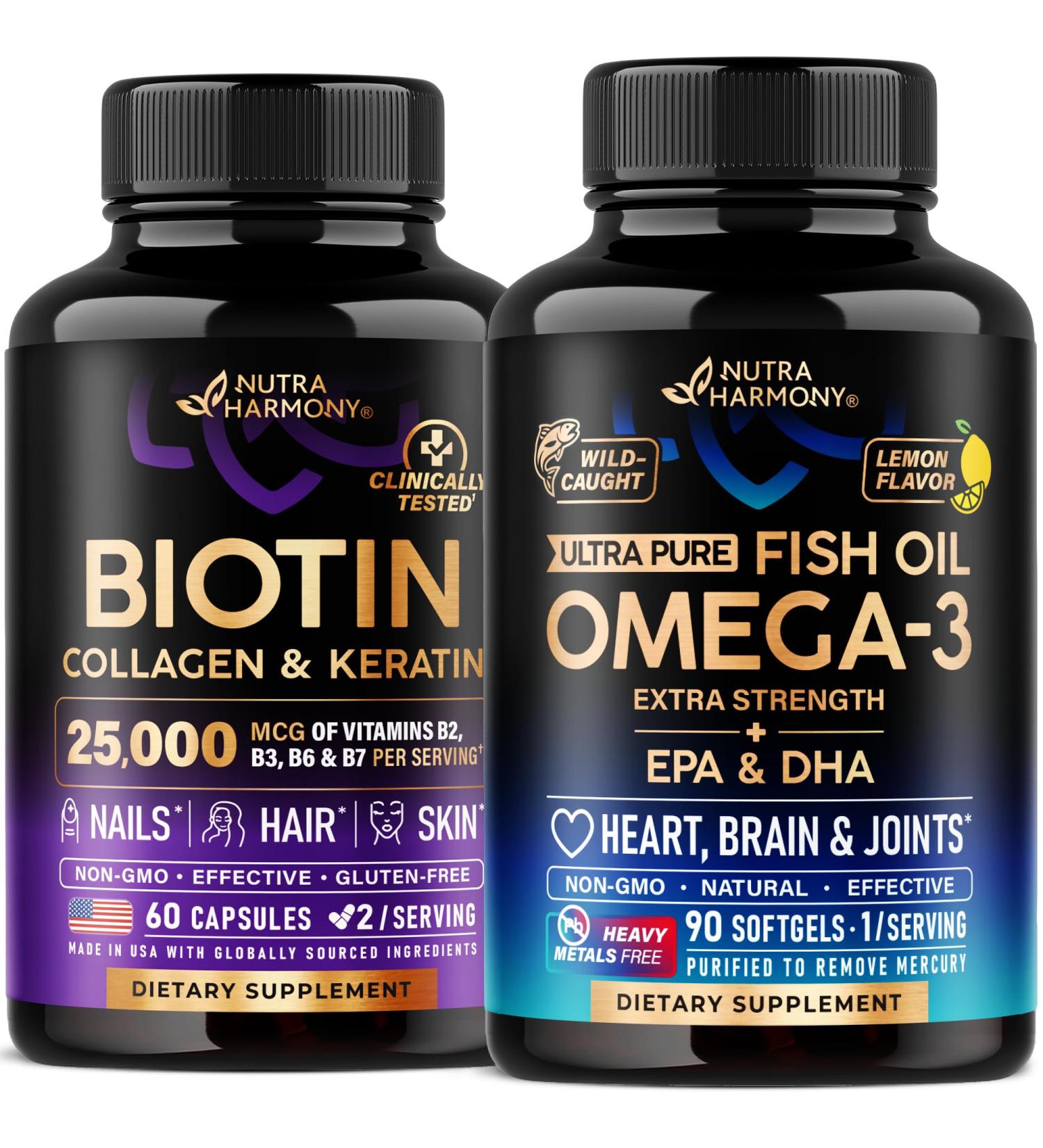 NUTRAHARMONY Biotin Collagen Keratin Capsules & Omega 3 Fish Oil Softgels