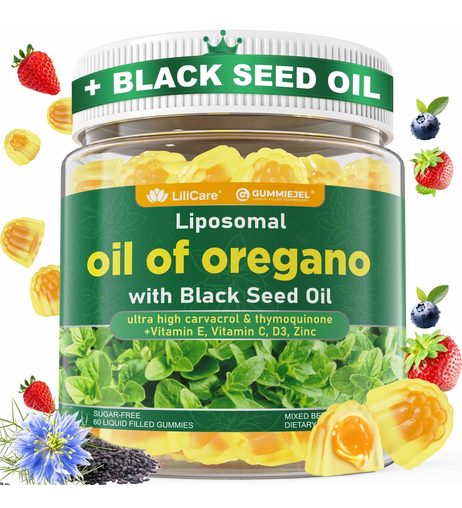 Oil of Oregano with Black Seed Oil Filled Gummies - 2 Months Supply - , Aceite De Oregano Capsulas Organic Alternative, Carvacrol & Thymoquinone with Vitamin E, C, D3, Zinc, Liposomal Form, Sugar Free 60 Count (Pack of 1) - Buy Online on GoSupps.com