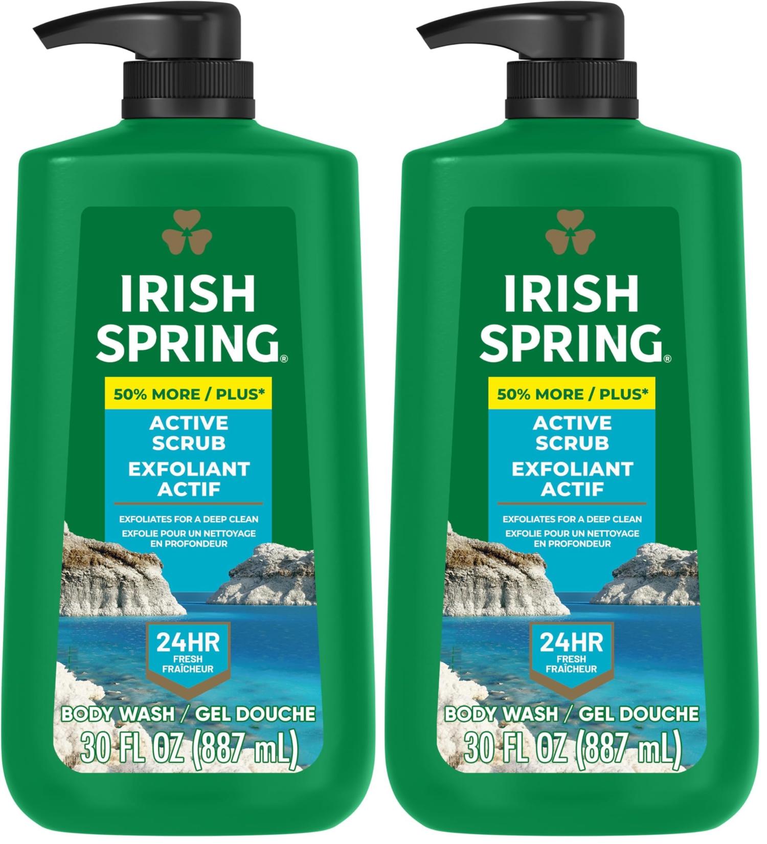 Irish Spring Active Scrub Exfoliating Body Wash for Men 24-Hour Fresh Biodegradable Ingredients Paraben Free Cool Fresh Scent 30 fl oz Pump Bottle (Pack of 2) - Buy Online on GoSupps.com