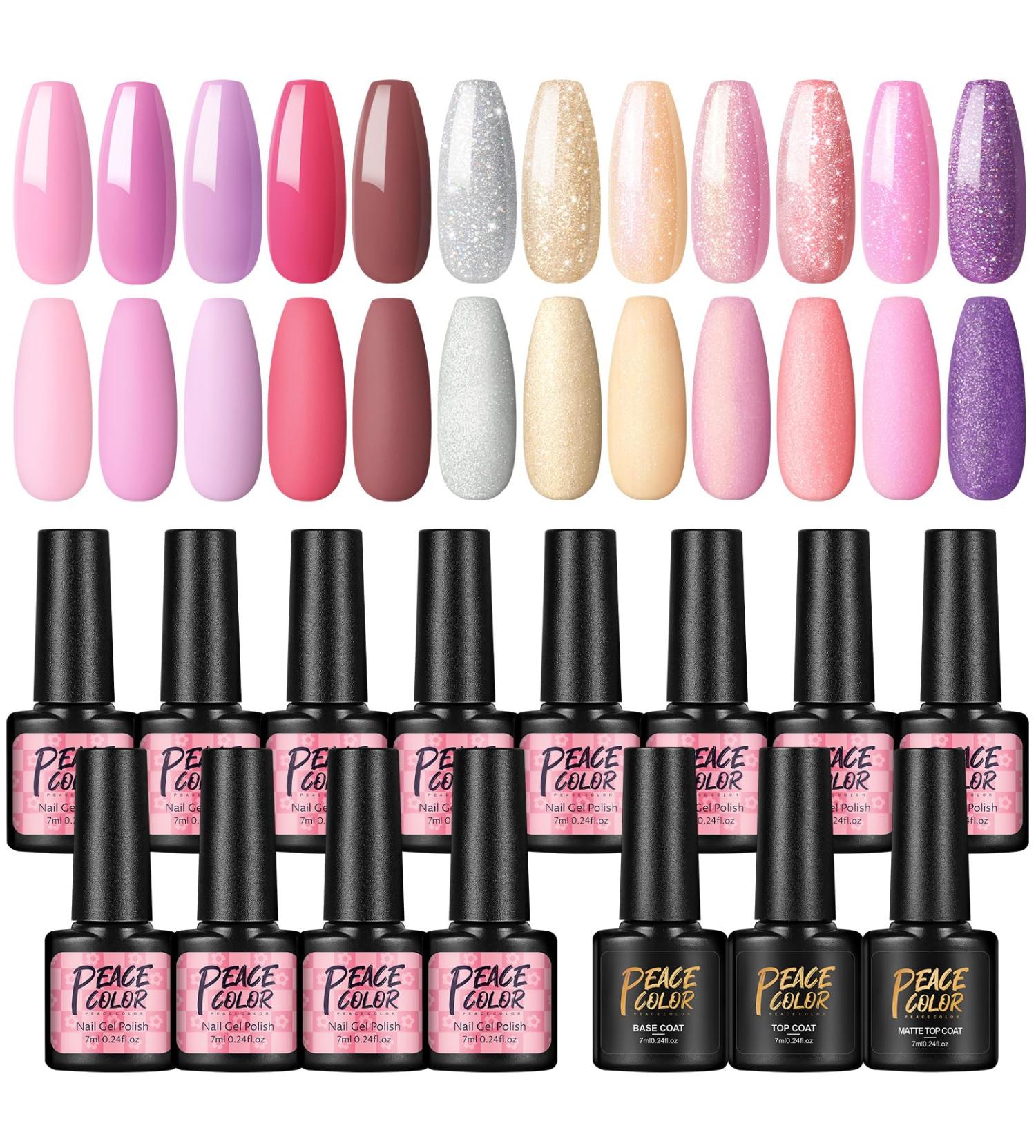 PEACECOLOR Nail Gel Polish Set 12 Colours Gel Nail Polish Starter Kit with Glitter Gel Polish Soak Off Nail Base Coat Glossy Matte Top Coat Nail DIY for Women Girls Beginner Home Salon Gift XA44 - Buy Online on GoSupps.com