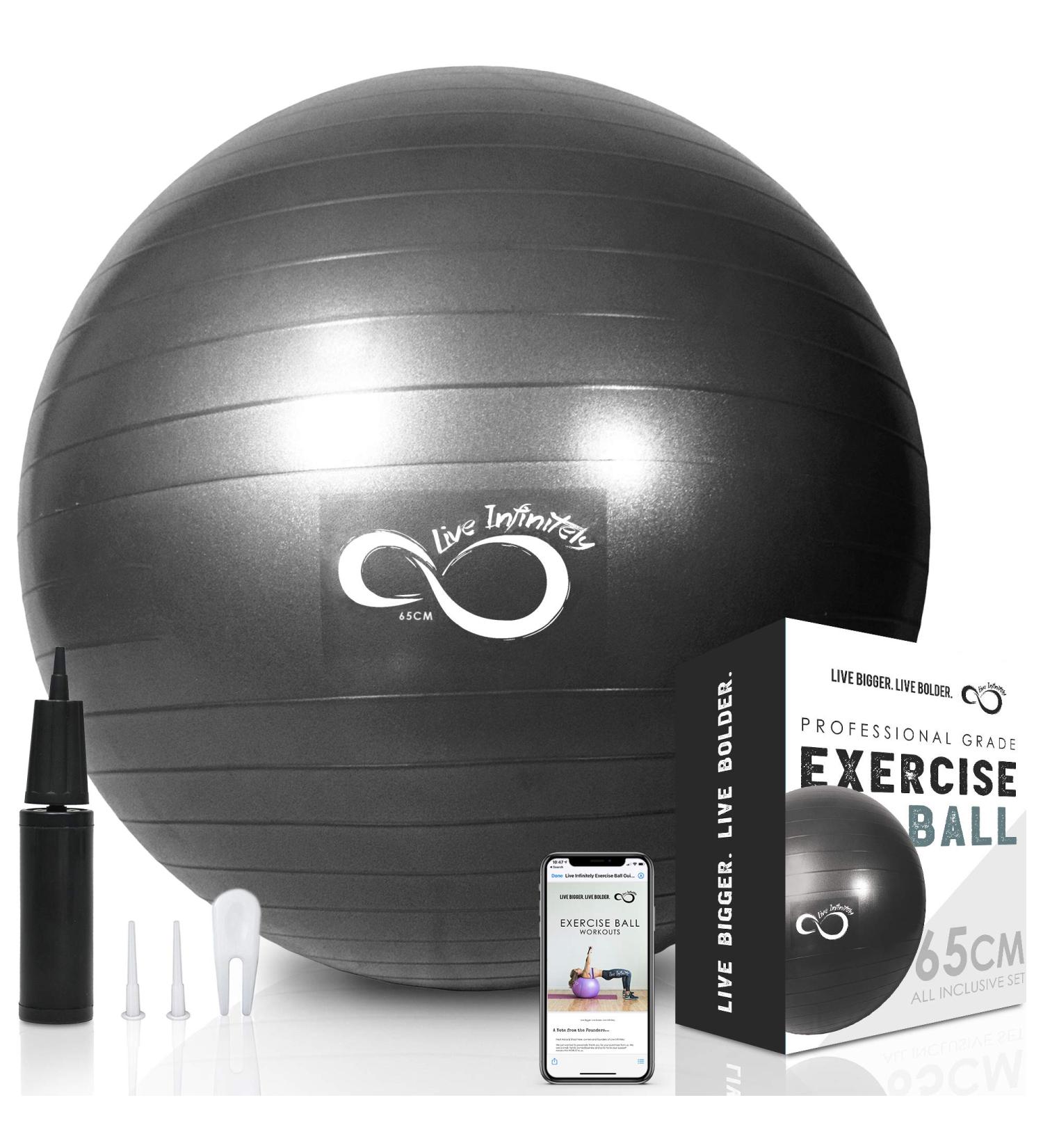 Live Infinitely 95cm Exercise Ball - Extra Thick Professional Grade Anti-Burst Stability Ball - Supports 2200lbs - Includes Hand Pump & Workout Guide - Black - Buy Online on GoSupps.com