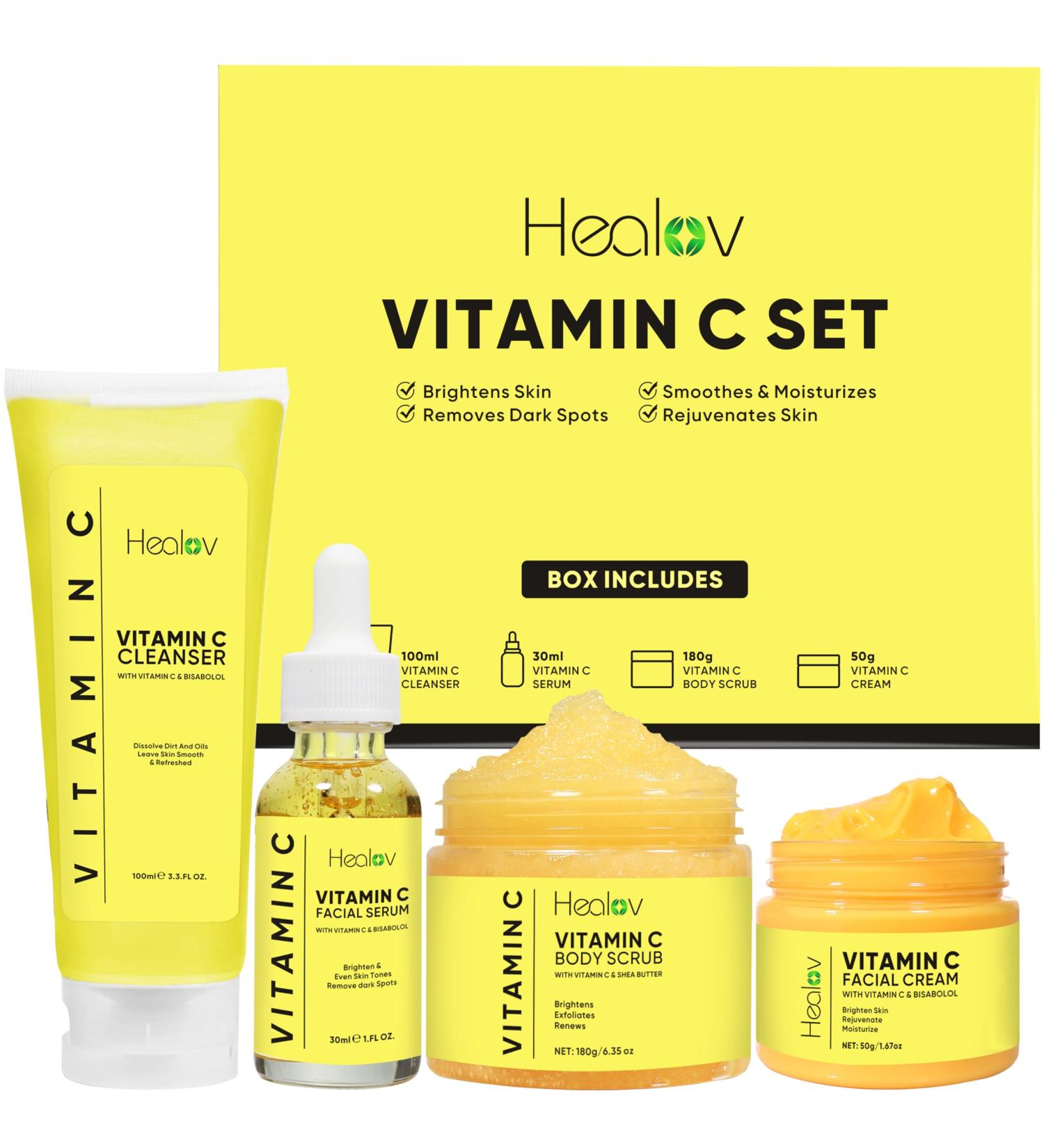 Vitamin C Skincare Set - Hydrating Cleanser Exfoliating Scrub Face Cream & Anti-Aging Serum - Brighten Dull Skin & Reduce Wrinkles - Travel Kit for Youthful Complexion - Buy Online on GoSupps.com