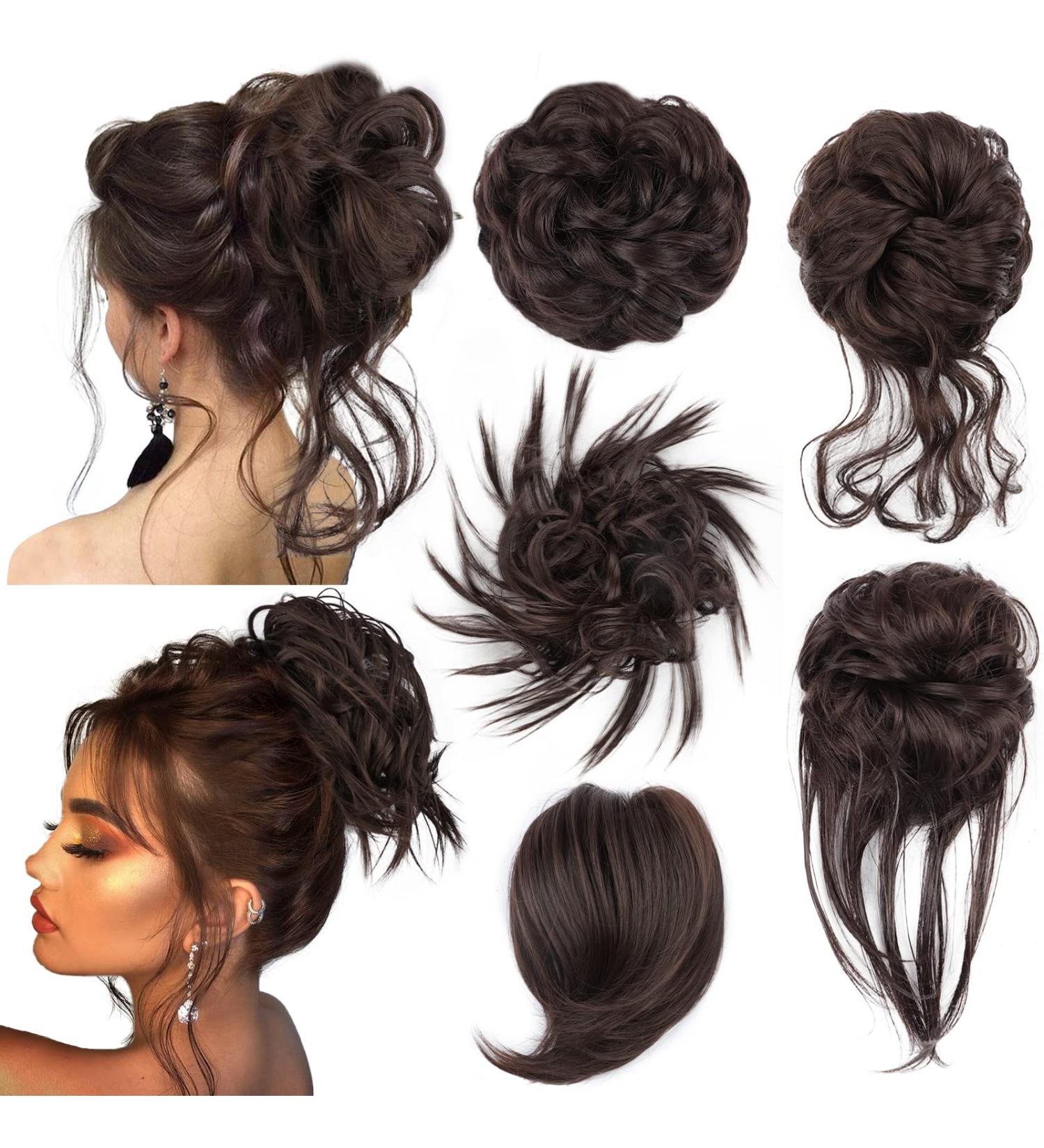 FnyPretty 5PCS Messy Bun Hair Pieces for Women | Tousled Updo Hair Extensions in 6A Dark Brown - 7.5 Inch - Buy Online on GoSupps.com