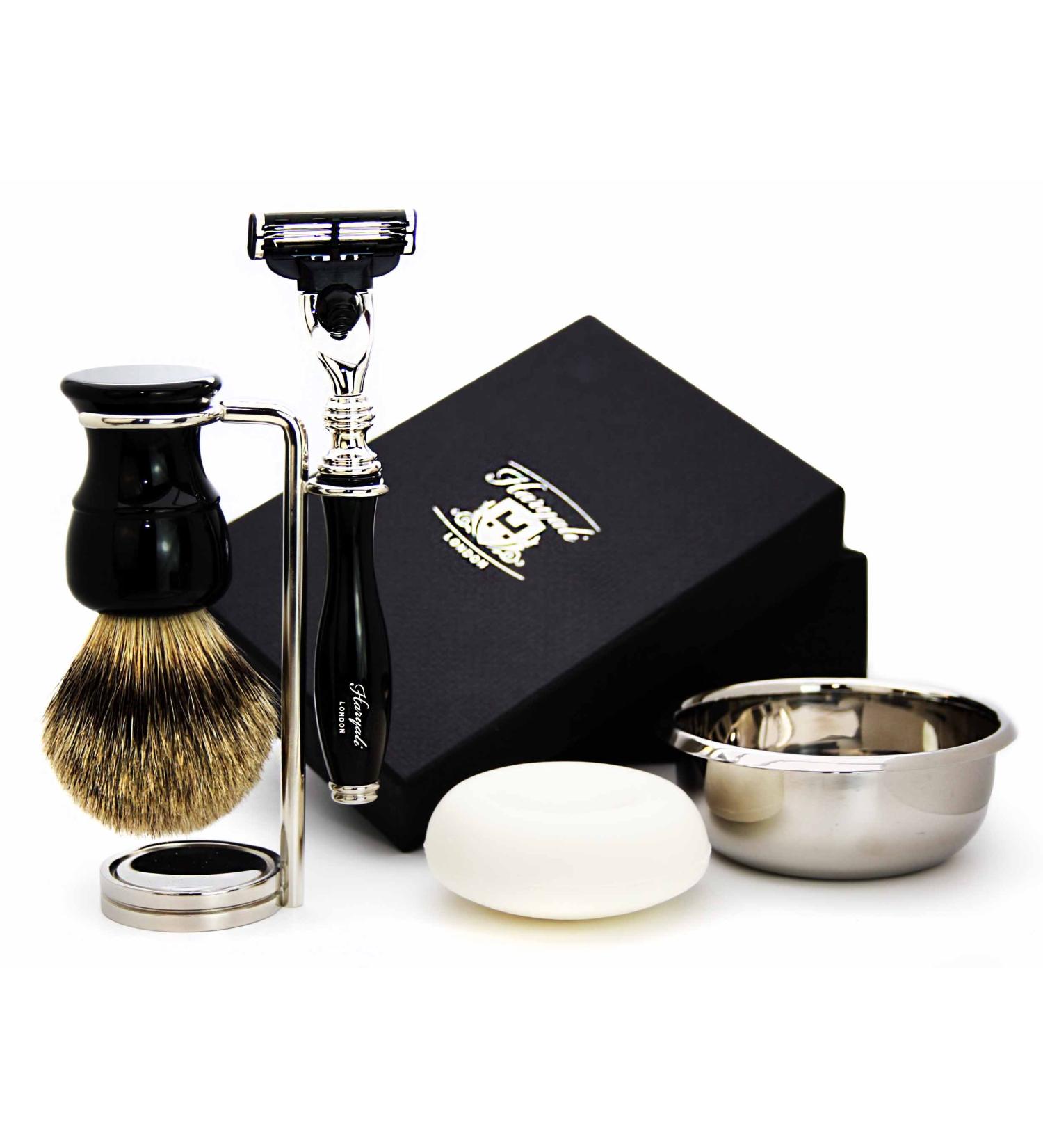 Haryali London Men's Shaving Set - 5 Piece 3-Edge Razor Badger Brush Stand Soap & Bowl - International Shipping Available - Buy Online on GoSupps.com