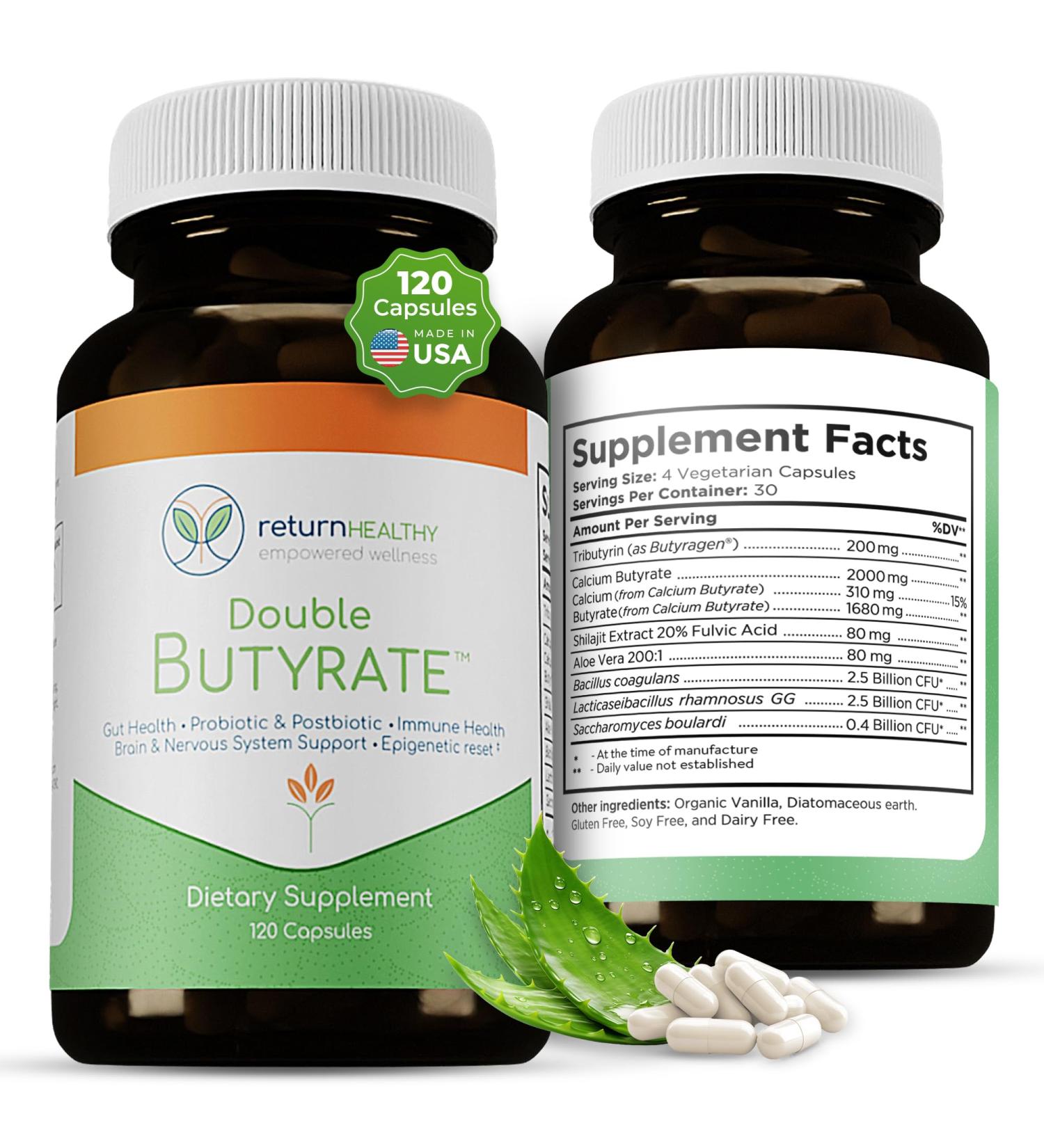 Double Butyrate Gut Health Supplement | Probiotic & Postbiotic Digestive Supplements for Gut Support | Enhances Immune Brain & Nervous System Function | Odor-Free Formula | 120 caps Unflavored 120 Count (Pack of 1) - Buy Online on GoSupps.com