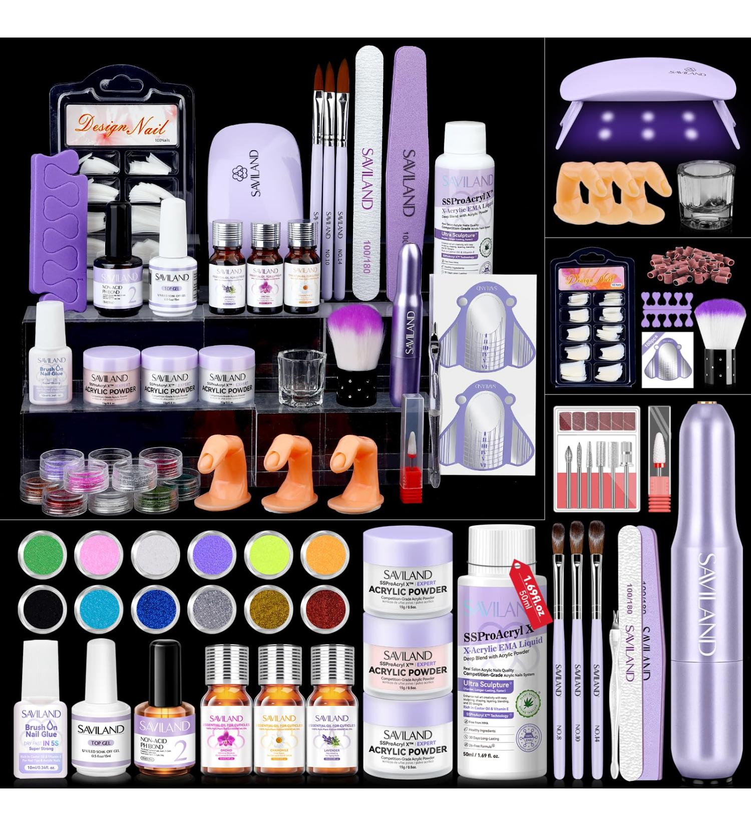 SSProAcryl Professional Acrylic Nail Kit: All-in-1 Nail Kits Acrylic with Everything 30 Days Wear Acrylic Nail Powder Brush EMA Monomer Nail Drill Essential Oil Nail Artist Nail Extension Carving New Purple Style Acrylic Nail Kit Professional - Buy Online on GoSupps.com