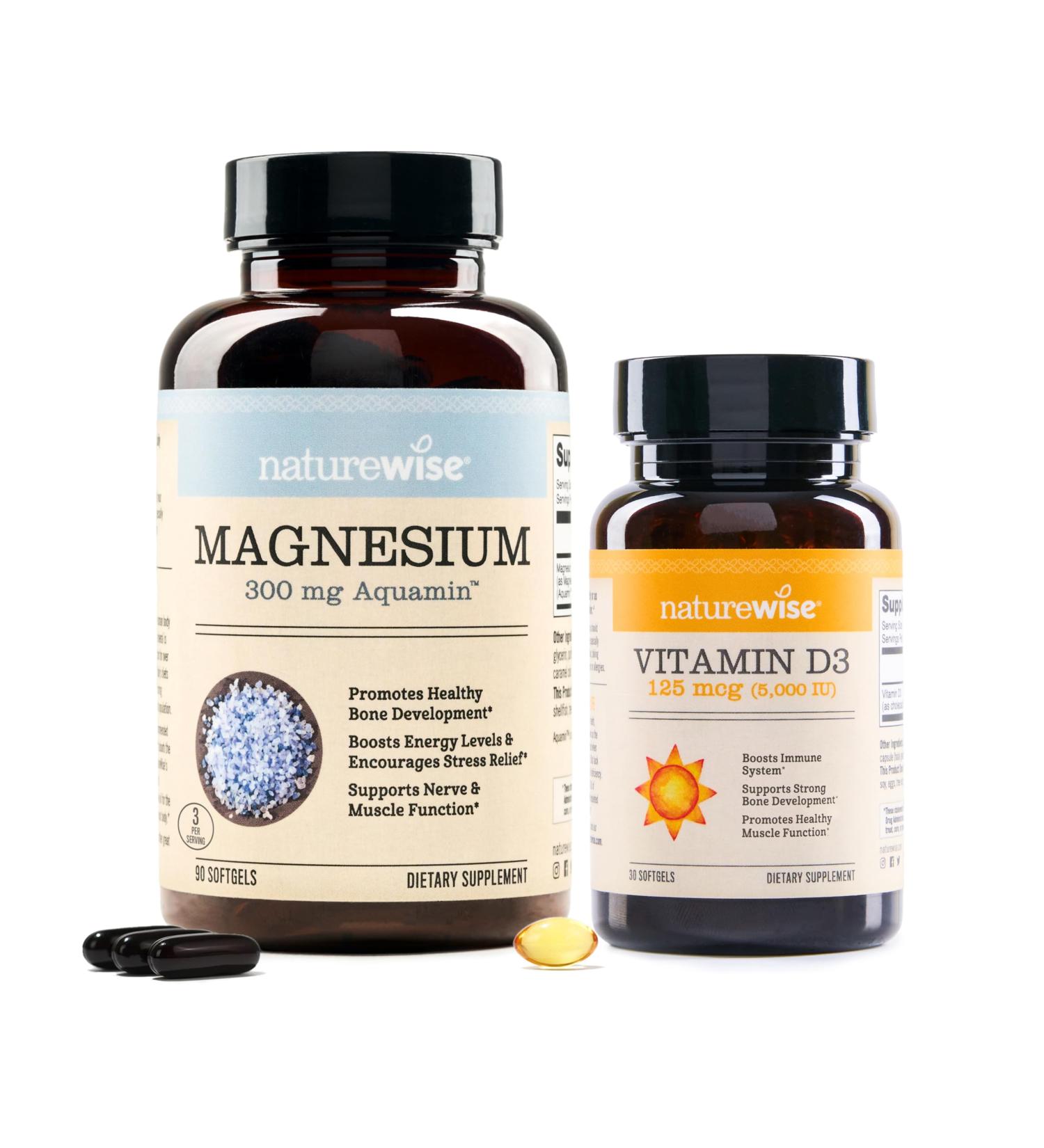 NatureWise 1 Marine Magnesium 300mg - Naturally Sourced Non-GMO - 90 Softgels 60-Day Supply + 1 Vitamin D3 5000iu + Organic Olive Oil - 30 Mini Softgels 30-Day Supply  - Buy Online on GoSupps.com