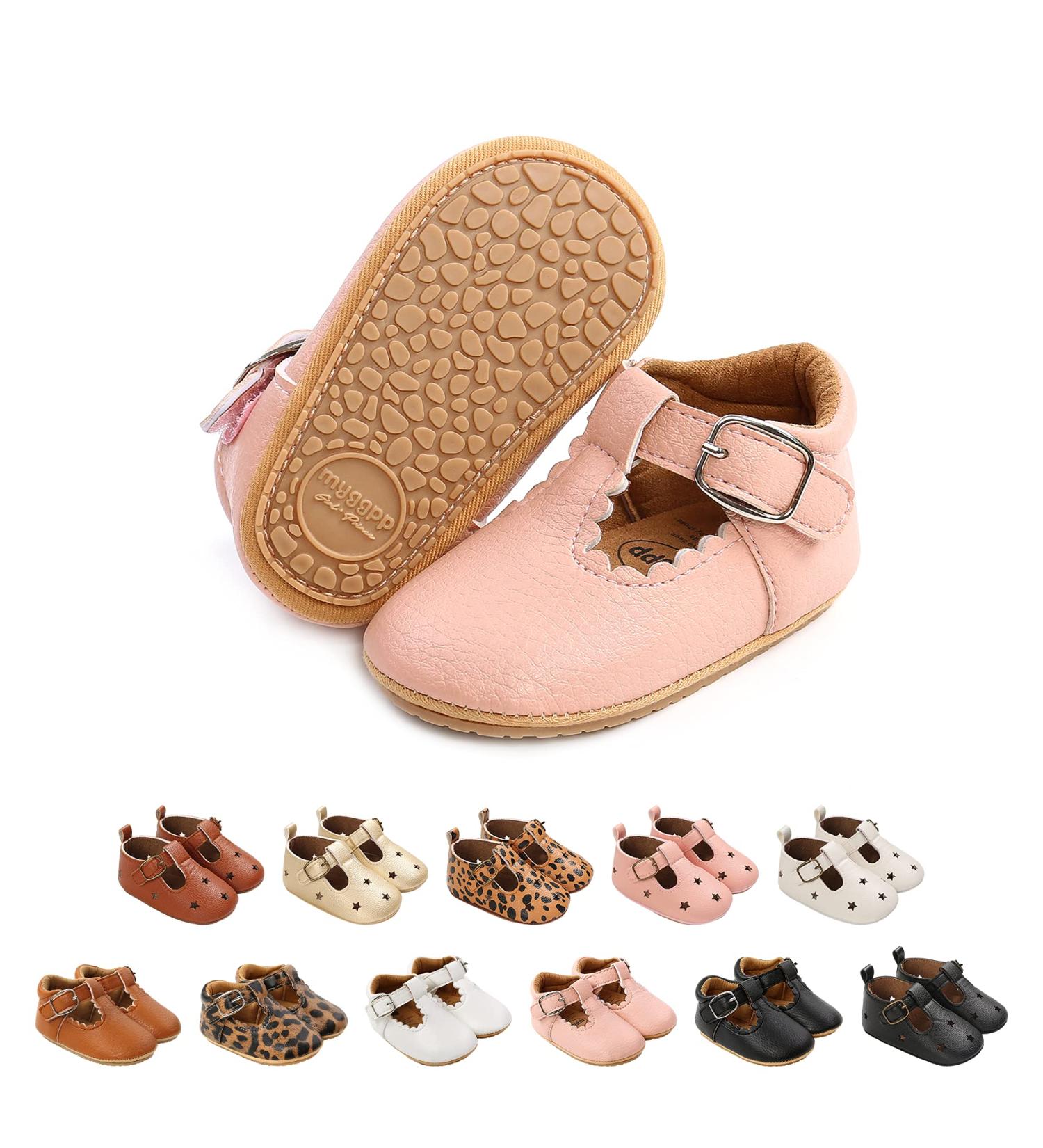 Baby Girls' Mary Jane First Walking Shoes | Anti-Slip Princess Shoes 0-6 Months | PU Leather Infant Baby Shoes (D Pink) - Buy Online on GoSupps.com