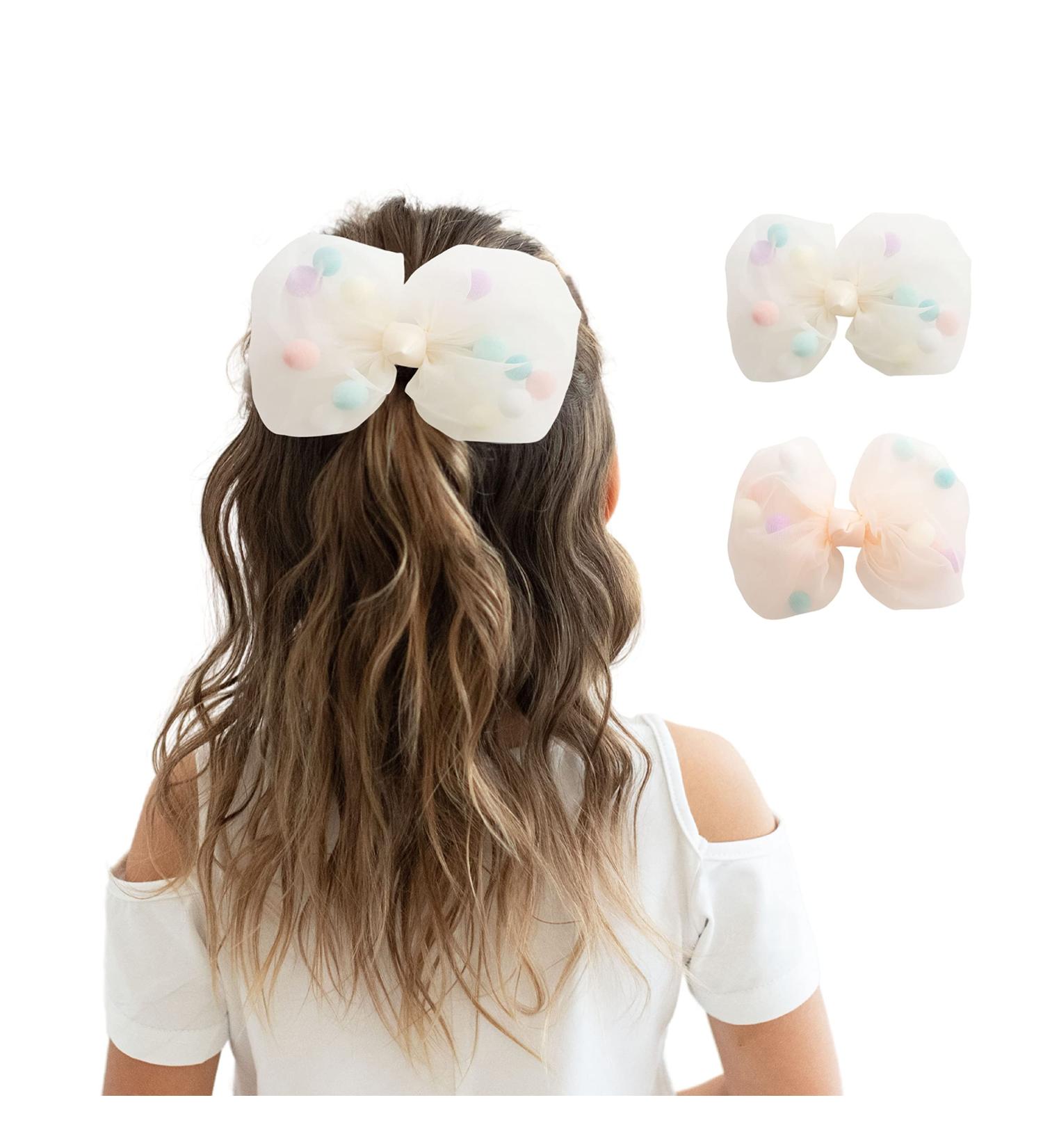 Summer Crystal Tulle Bow Girl Alligator Hair Clips - 2Pcs BW Pompons - Buy Online on GoSupps.com