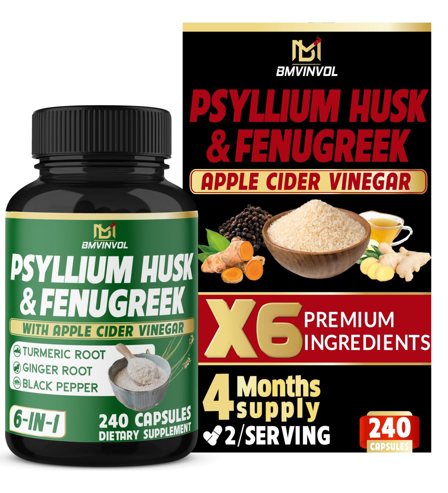 BMVINVOL 6in1 Psyllium Husk Fenugreek Apple Cider Vinegar Turmeric Ginger Black Pepper - Soluble Fiber for Supports Digestive Health & Regularity- 240 Capsules 4-Month Supply  - Buy Online on GoSupps.com