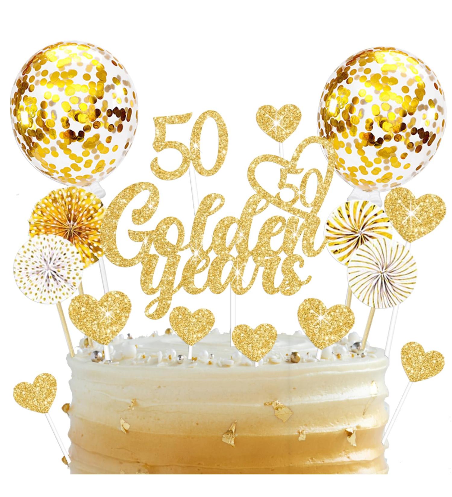 19-Piece Golden Wedding Cake Topper Set | 50th Birthday Decoration | Glitzy Torten Deko for Golden Years Celebration - Buy Online on GoSupps.com