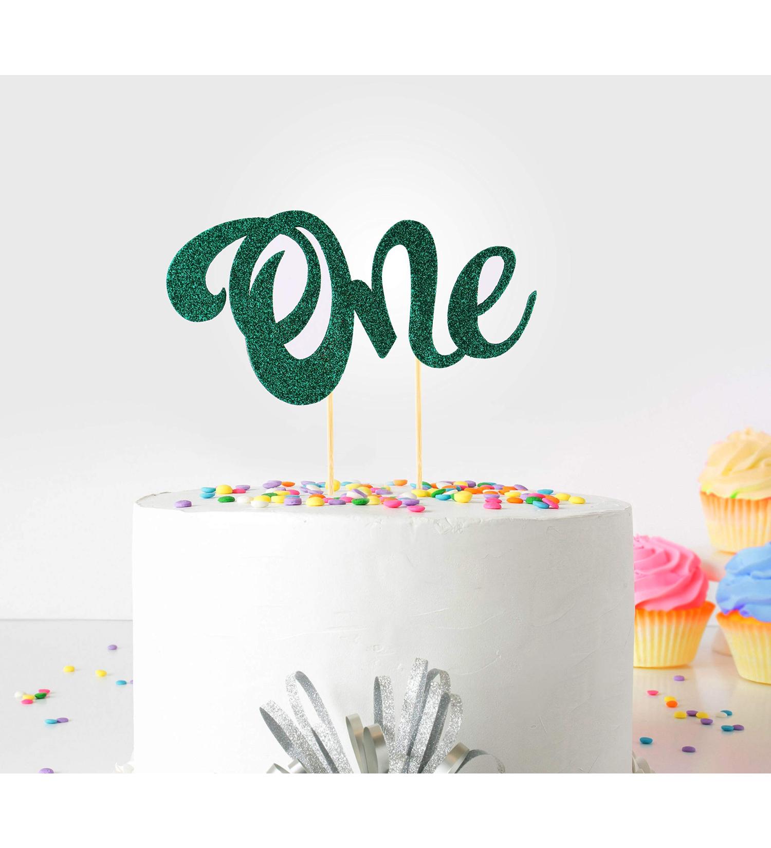 1st First Birthday Cake Topper Decoration ((Green) - One - with Double Sided Glitter Stock)