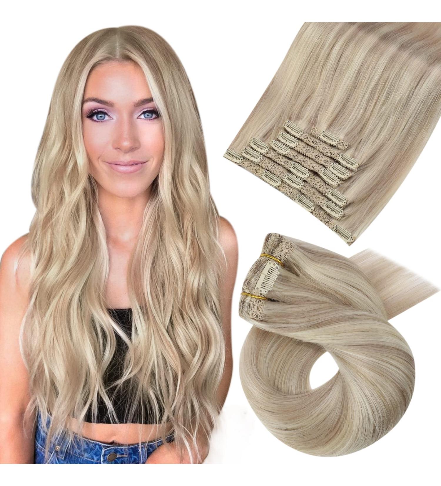 Moresoo 22 Inch Blonde Clip in Human Hair Extensions | Ash Blonde with Platinum Blonde Highlights | 7 Pieces/120g #P18/613 - Buy Online on GoSupps.com