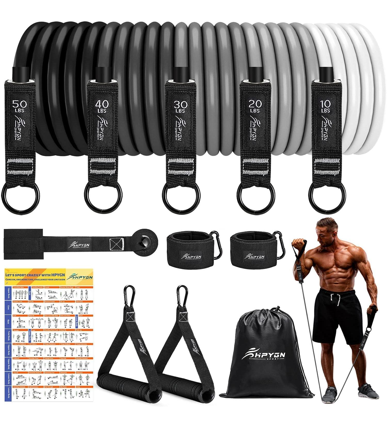HPYGN Resistance Bands Set - 150lb, 200lb, 250lb Exercise Bands with Handles - 5 Tube Fitness Bands for Muscle Training - Portable Bag and Ankle Straps Included - Buy Online on GoSupps.com