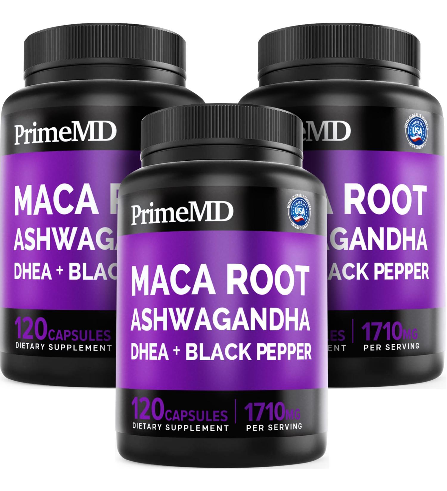 6-in-1 Organic Maca Root Ashwagandha Capsules 1710mg with DHEA and Black Pepper Fruit Extract for Women and Men - Black Maca Supplement for Stamina, Bone and Mood Support Supplement, 120ct (Pack of 3) Regular 120 Count (Pac  - Buy Online on GoSupps.com