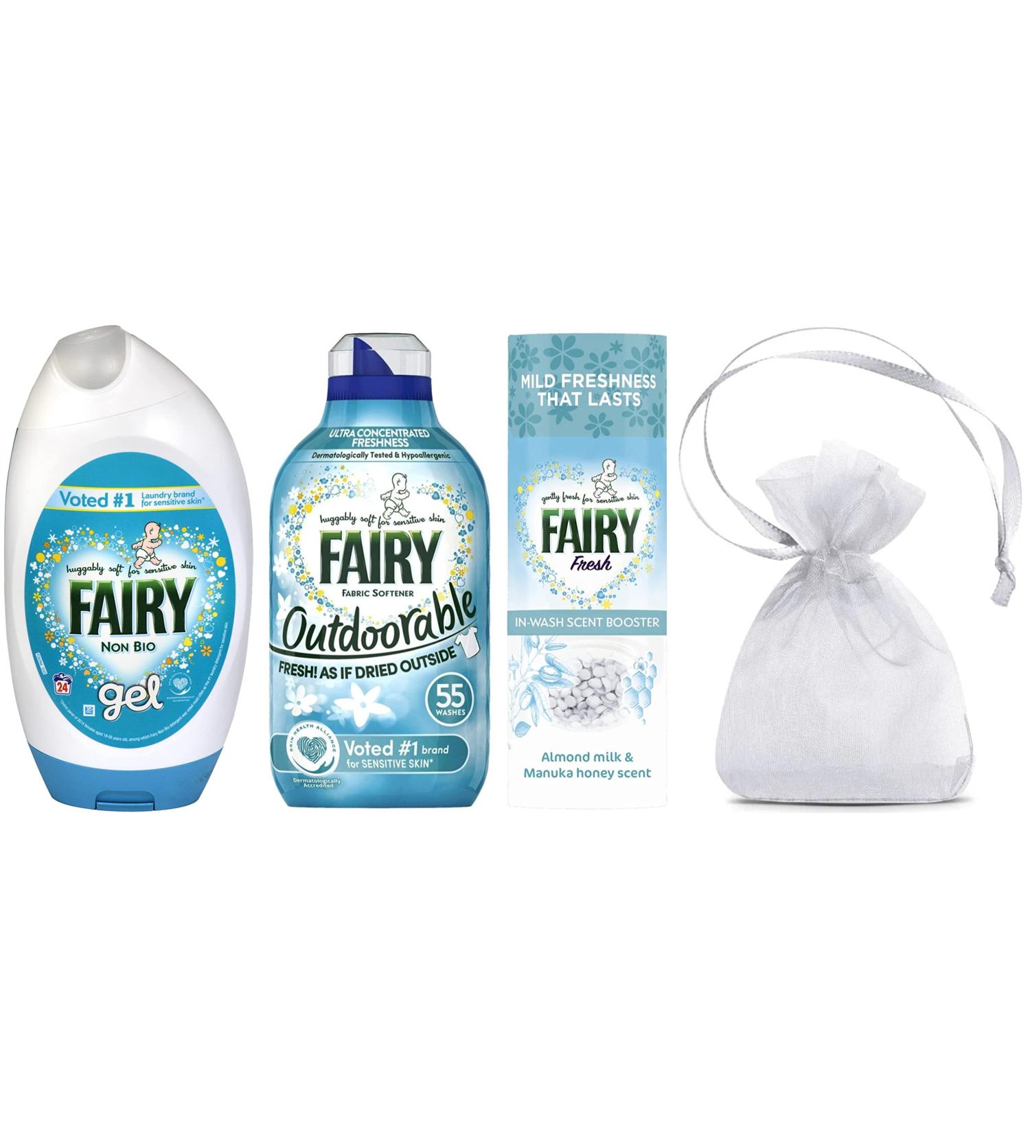 Fairy Non Bio Laundry Washing Gel for Sensitive Skin 24washes 840ml + Fairy Outdoorable Non Bio Fabric Conditioner 55washes 770ml + Fairy Fresh in Wash Scent Booster Beads 1Pk 176gr - Buy Online on GoSupps.com