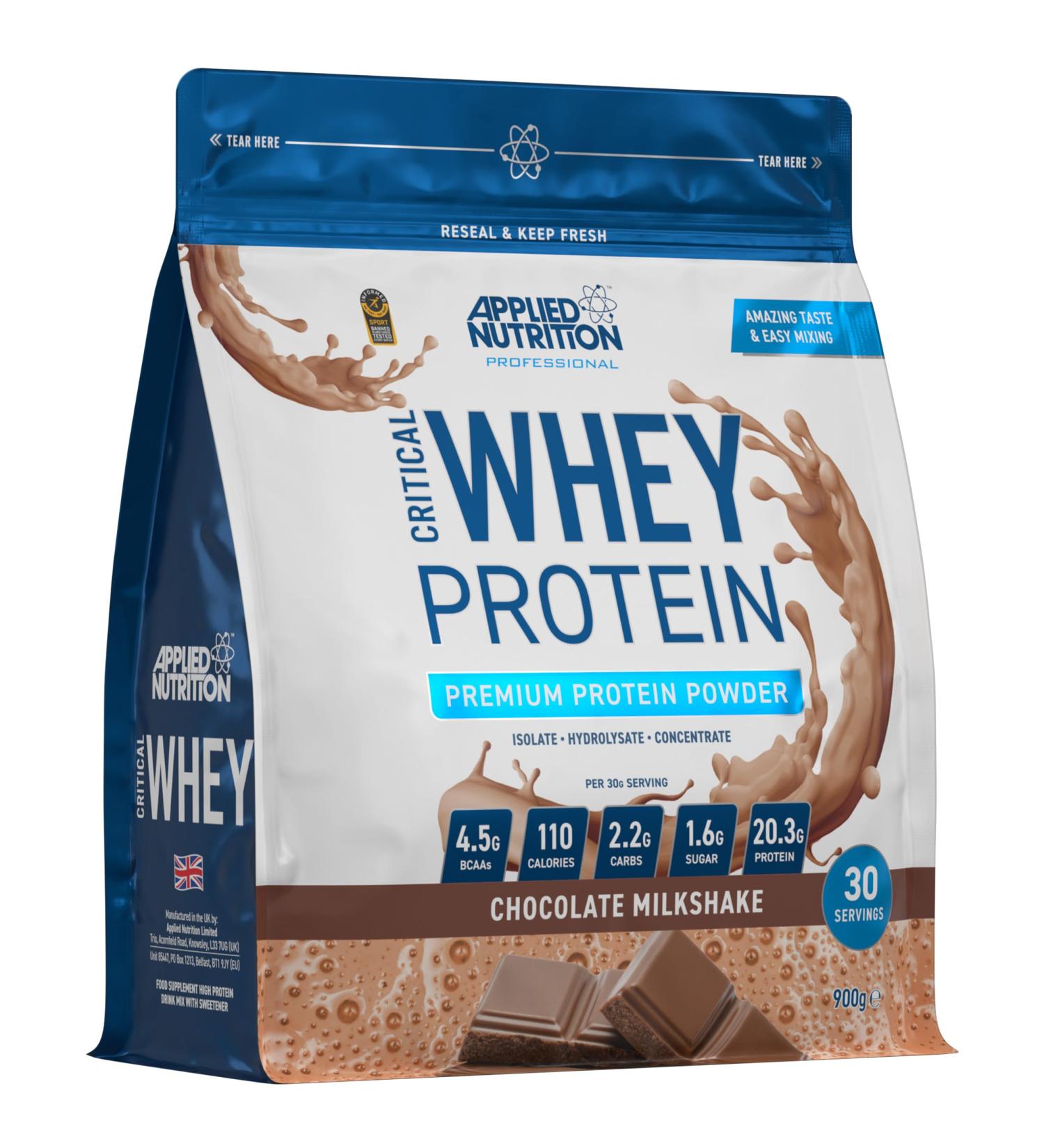 Applied Nutrition Critical Whey Protein Powder 900g - High Protein Milkshake with BCAAs & Glutamine - Chocolate Flavor - 30 Servings - Buy Online on GoSupps.com