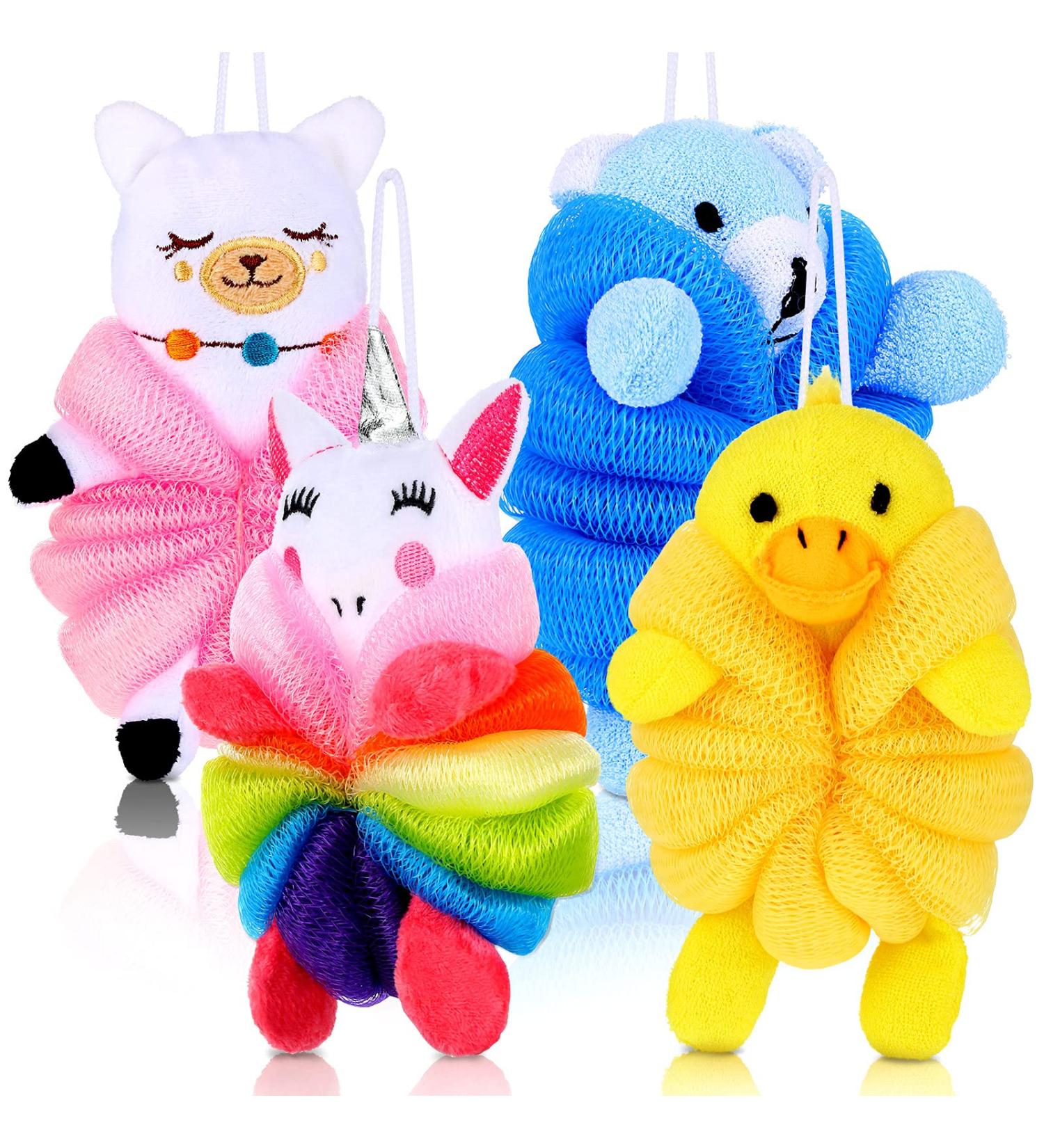 Kids Animal Bath Loofah Set - 4 Cute Cartoon Shower Sponges for Children - Baby Shower Exfoliating Pouf Scrubbers - 4 Styles Available - Buy Online on GoSupps.com