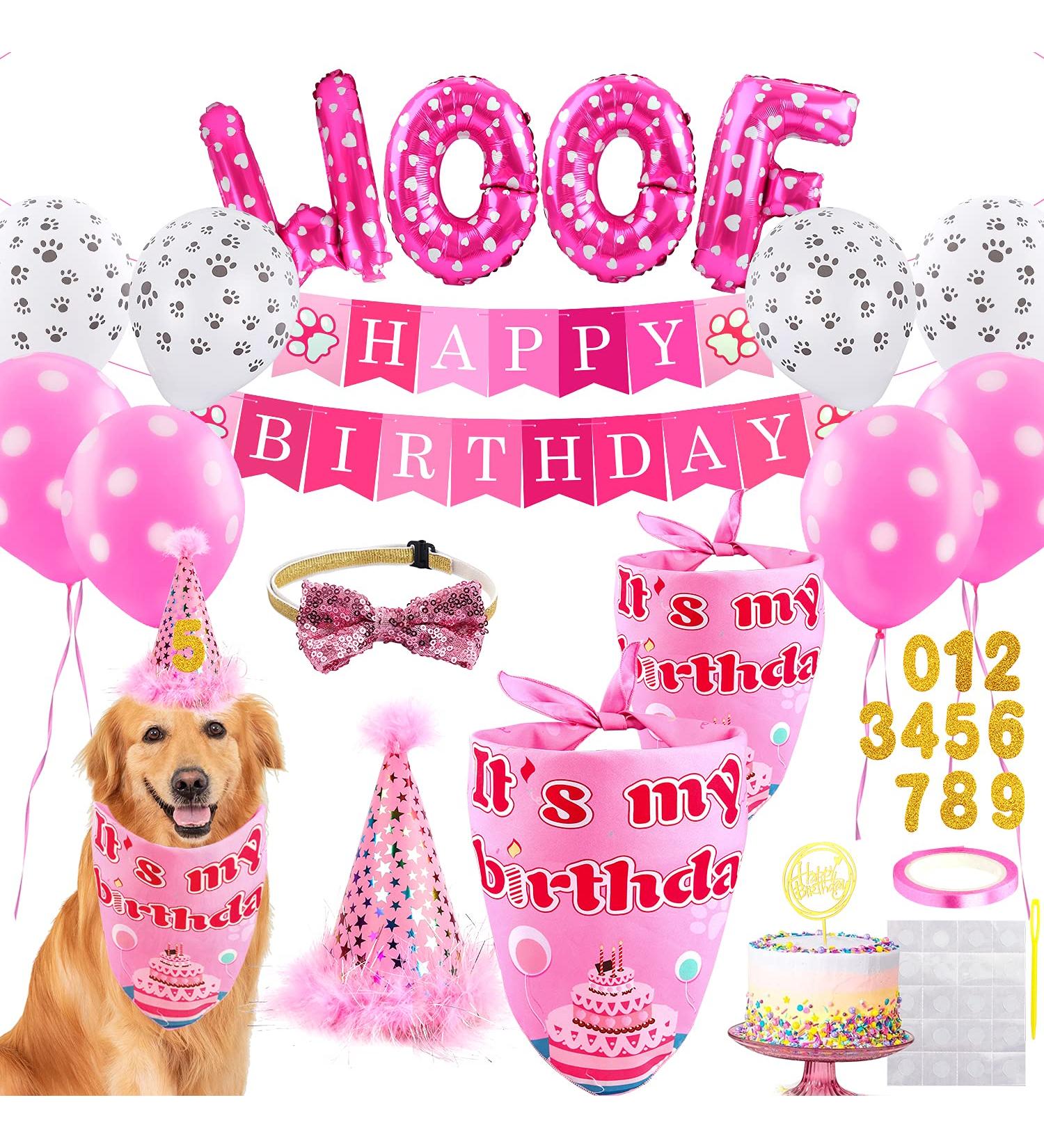 Dog Girl Birthday Party Set: Bandanas, Hat, Scarf, Banner, Balloons & Bowtie - Puppy Dog Pals Decorations - Pink - Buy Online on GoSupps.com