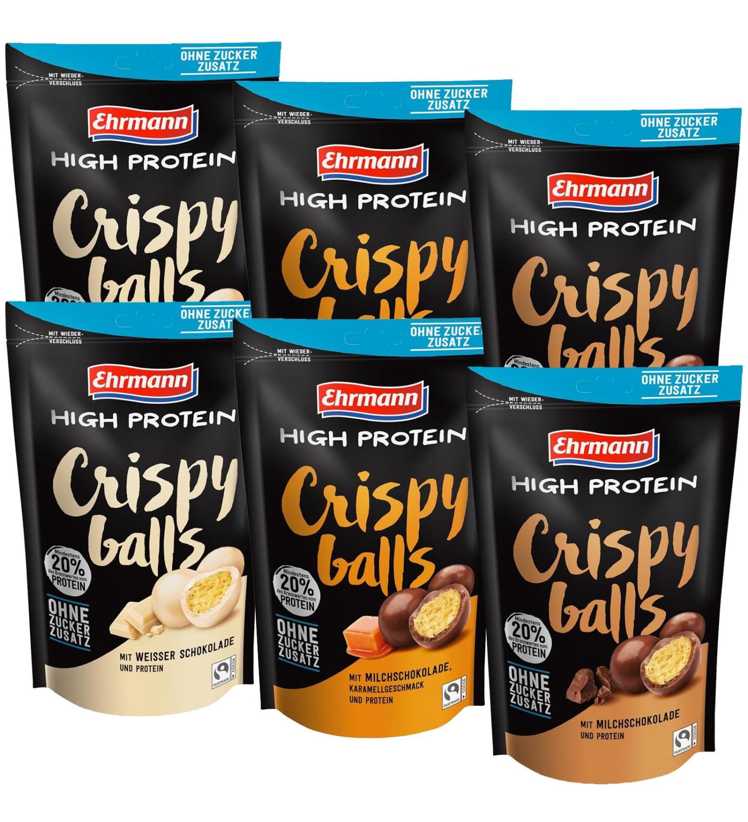 General Ehrmann High Protein Crispy Balls - Sugar-Free White Chocolate Caramel & Milk Chocolate - 330g Fairtrade Cocoa Snack - Ideal for Health-Conscious Shoppers - Buy Online on GoSupps.com