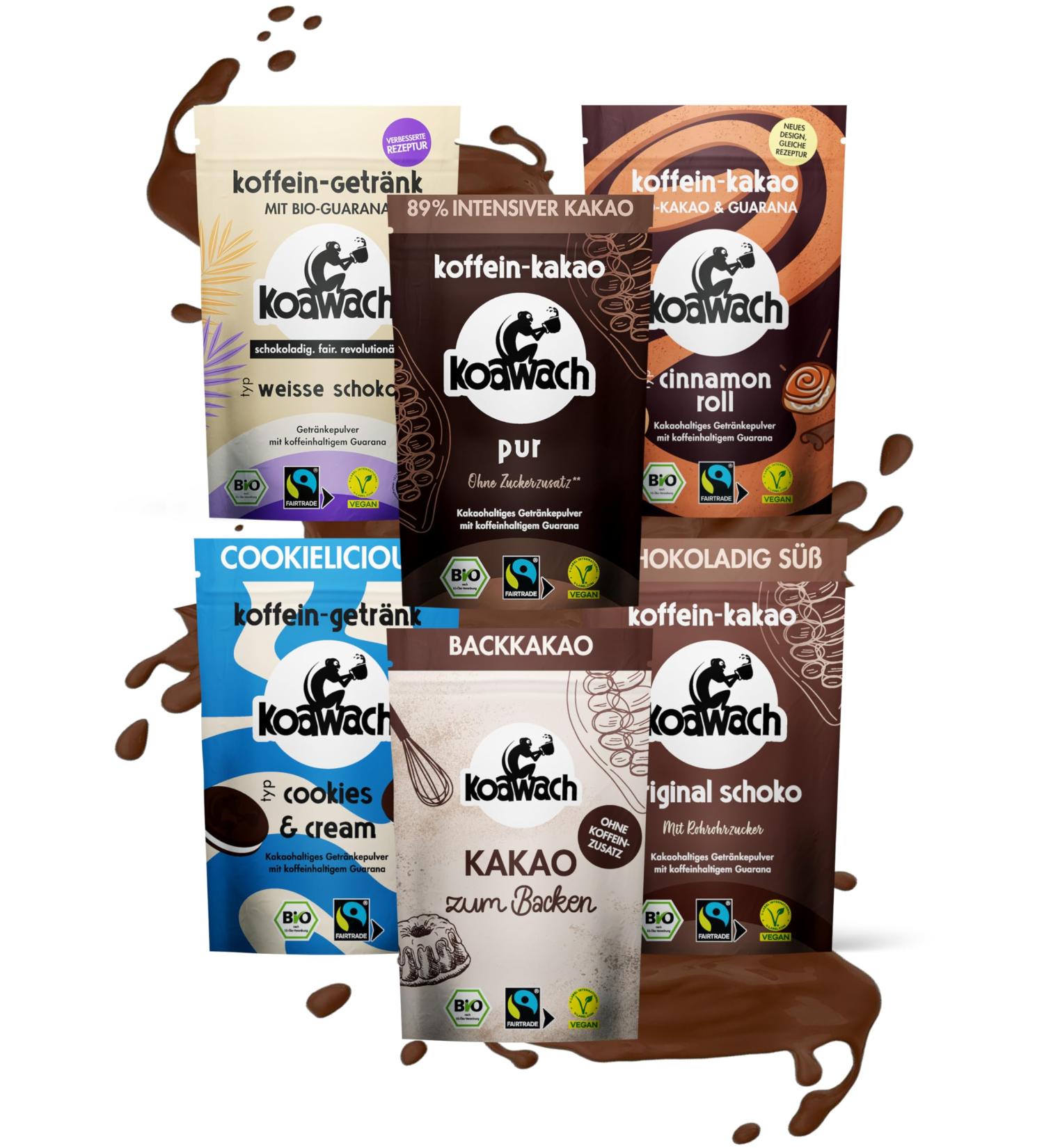 koawach koawach Starter Kit - Caffeine Cocoa Guarana Vegan Hot Chocolate Drink Less Sugar Coconut Blossom Sugar Energy Drink Backkakao Organic Fairtrade (6 x 100g)