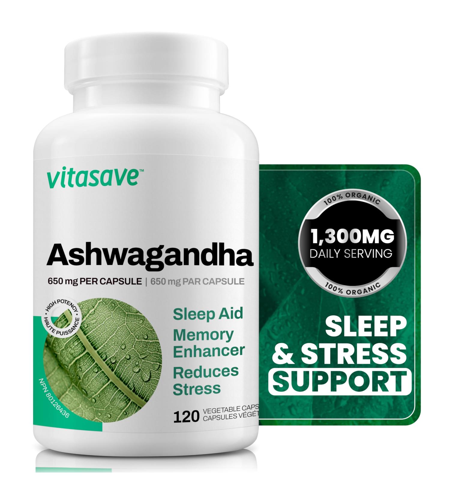 Vitasave Organic Ashwagandha Supplement 120 Vegetarian Capsules - 1300mg per Serving - Non-GMO Gluten-Free & Dairy-Free - Natural Sleep Aid - Memory Enhancer - Reduces Stress - Buy Online on GoSupps.com
