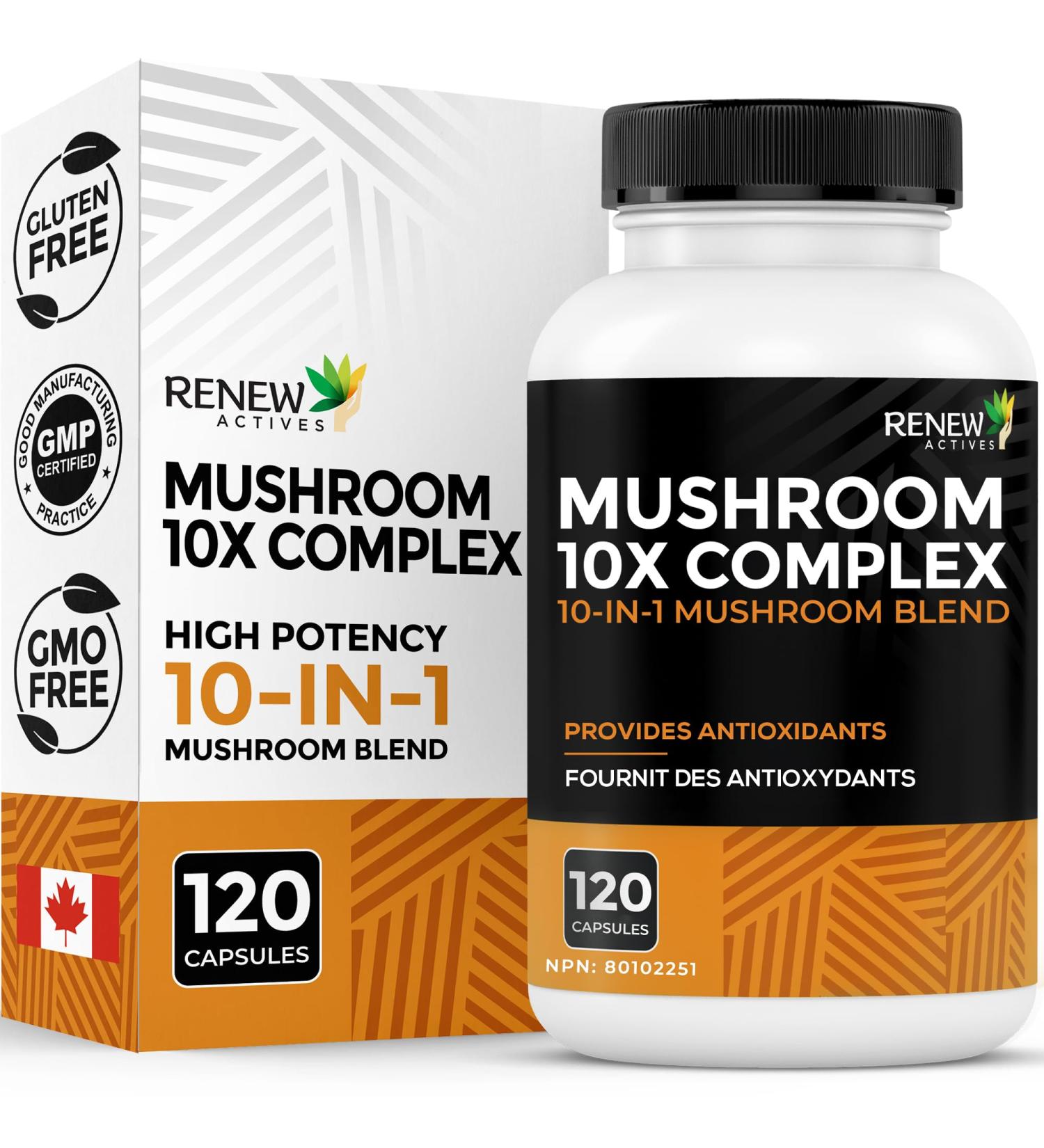 RENEW ACTIVES Mushroom Complex 2 Capsules per Serving 10 Mushroom Blend with Antioxidants for Immune Health & Wellness Supports Overall Vitality & Long-Term Wellness Made in Canada - 120 Capsules - Buy Online on GoSupps.com