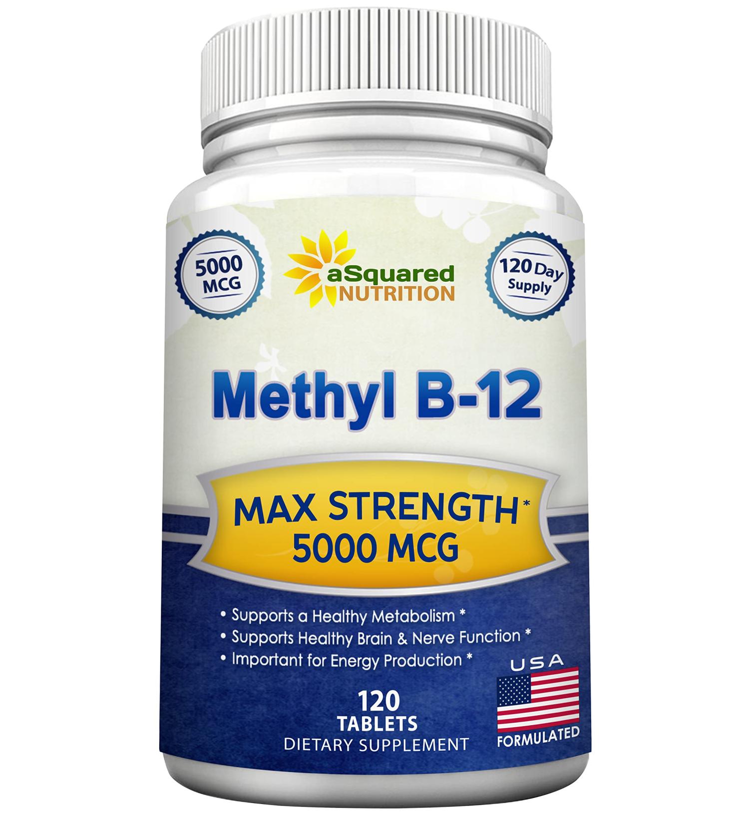 Max Strength Vitamin B12 - 5000 MCG with Methylcobalamin - Energy Boost & Brain Support - 120 Tablets - Buy Online on GoSupps.com