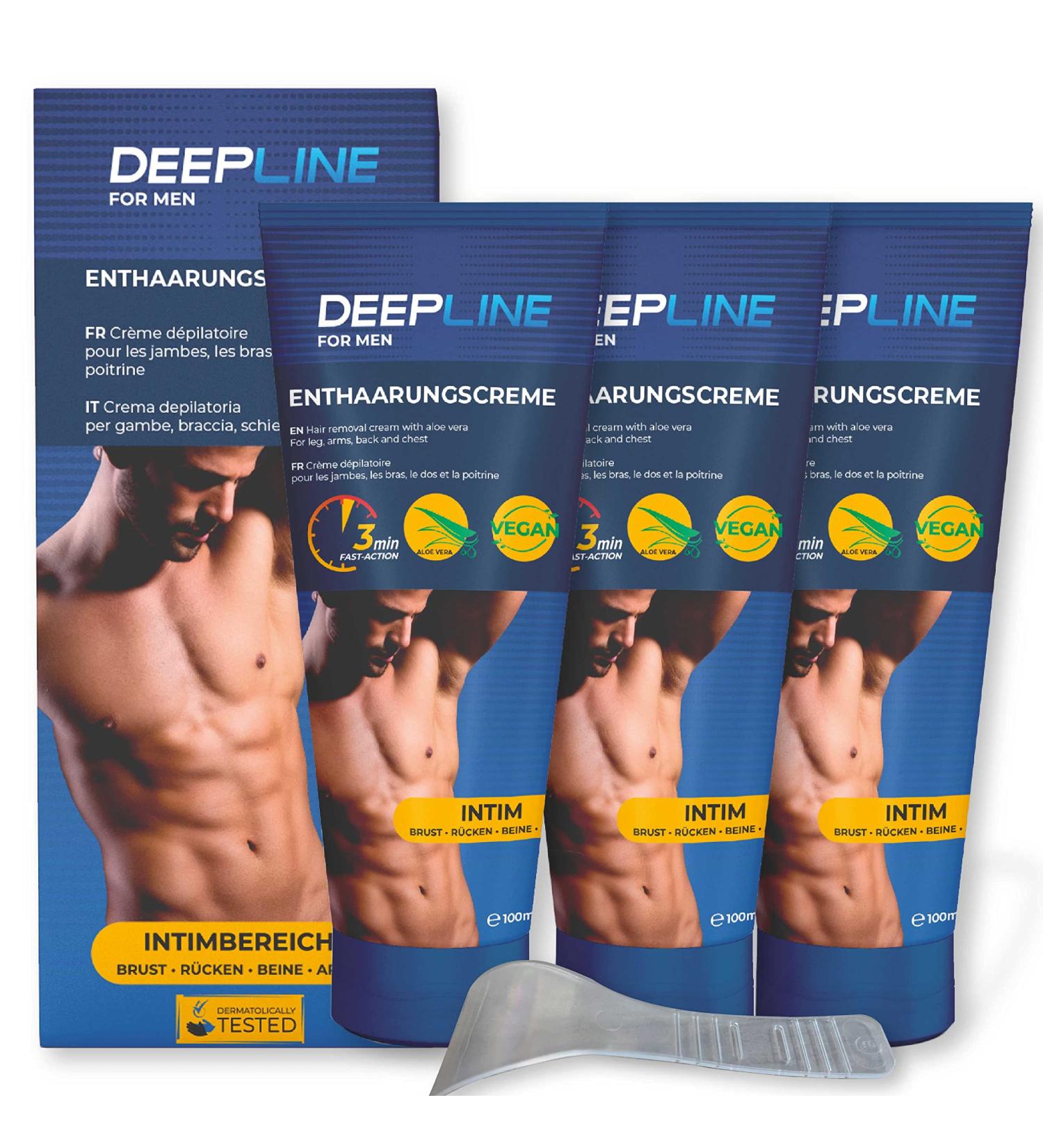 Deepline Men's Intimate Hair Removal Cream 100ml | Vegan Aloe Vera & Shea Butter | Gentle Body & Genital Care with Spatula - Buy Online on GoSupps.com
