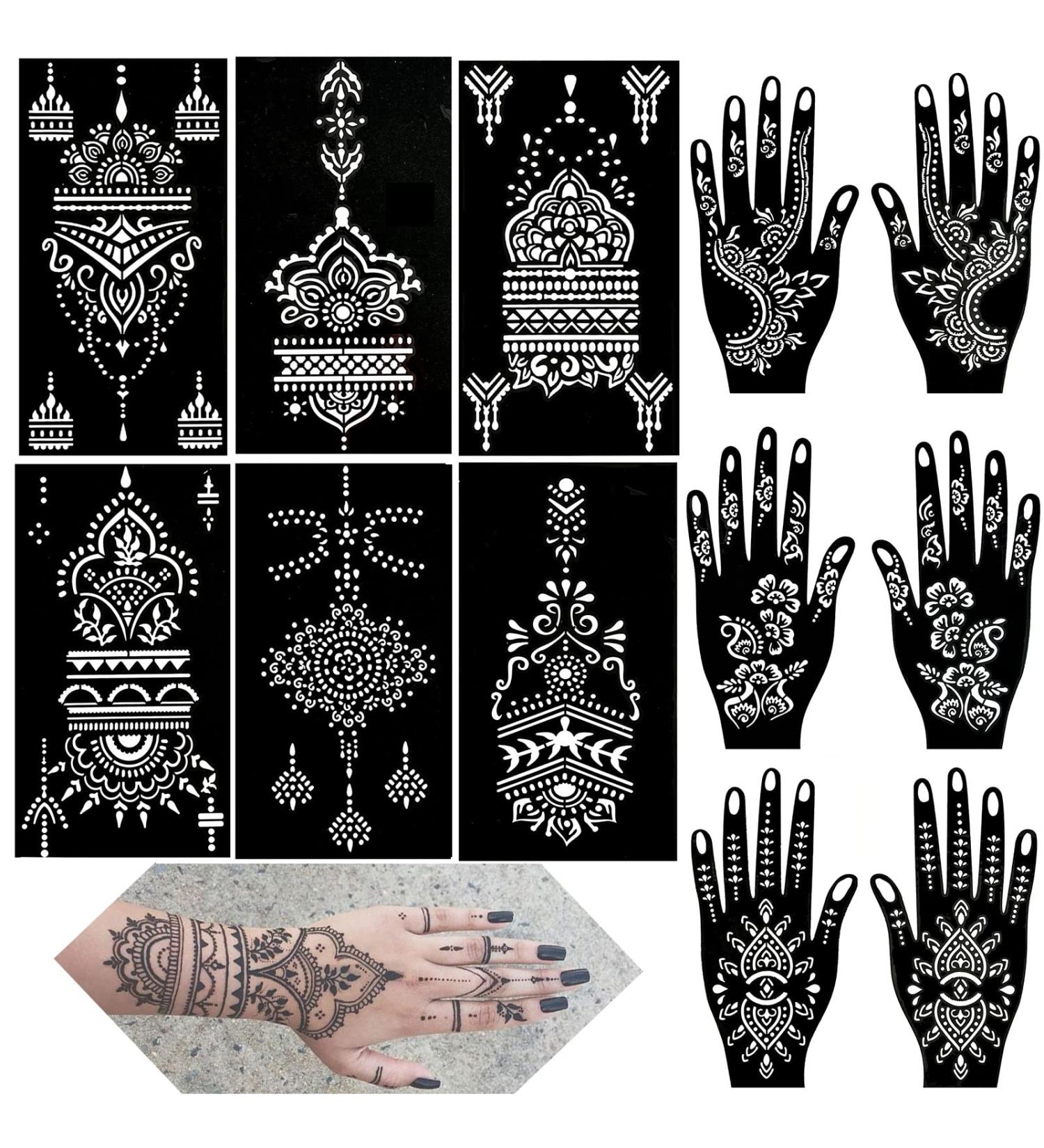 QSTOHENA Henna Tattoo Stencils Kit - 12 Sheets Temporary Stickers for Women & Girls | Indian Arabian Hand Tattoo Templates - Reusable & Easy to Use - Buy Online on GoSupps.com