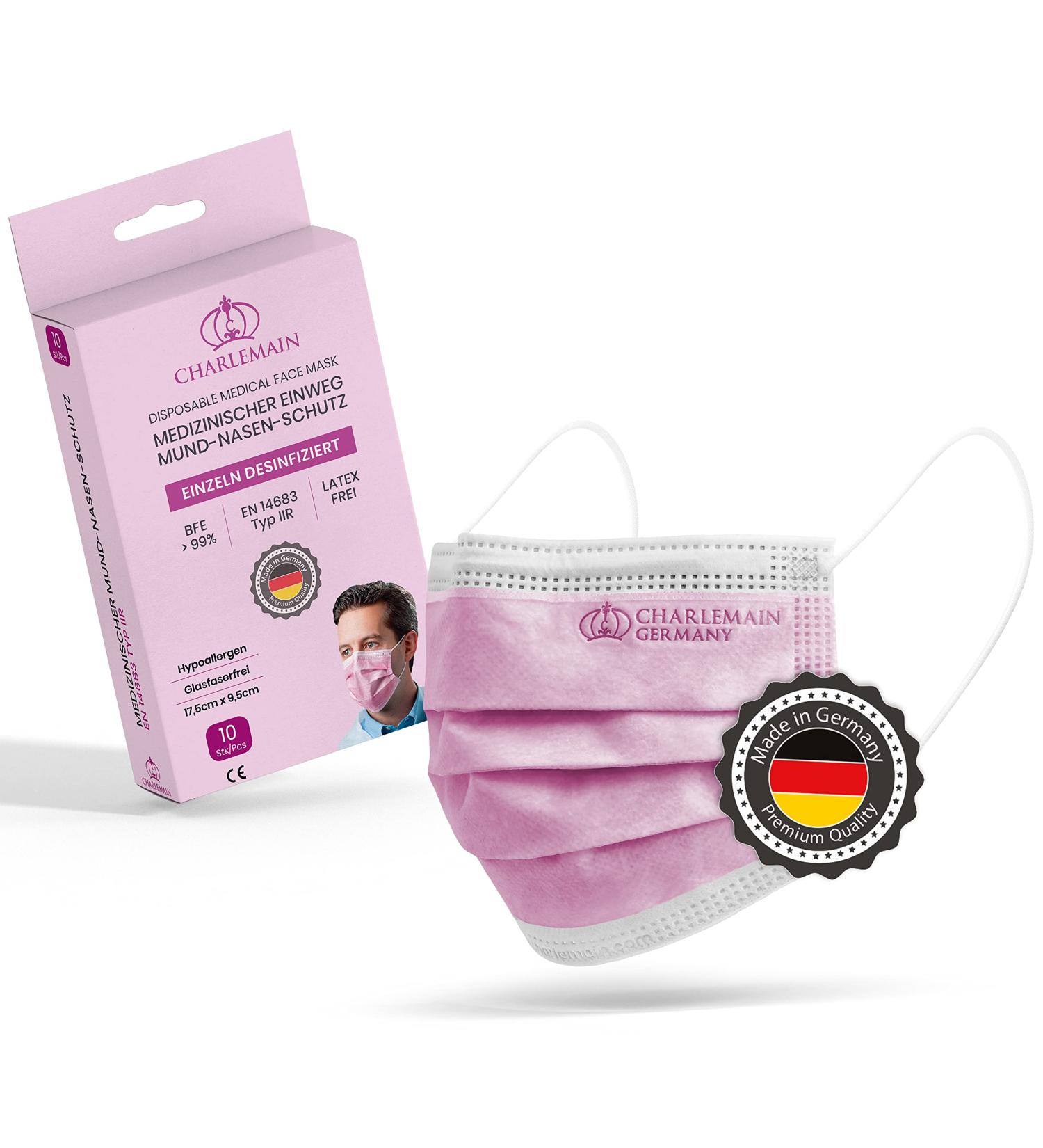 Charlemain 10x Op Masks - EN 14683 Type IIR Medical Face Masks BFE 99.9% Latex-Free Pink (10 Pack) - Made in Germany - Buy Online on GoSupps.com