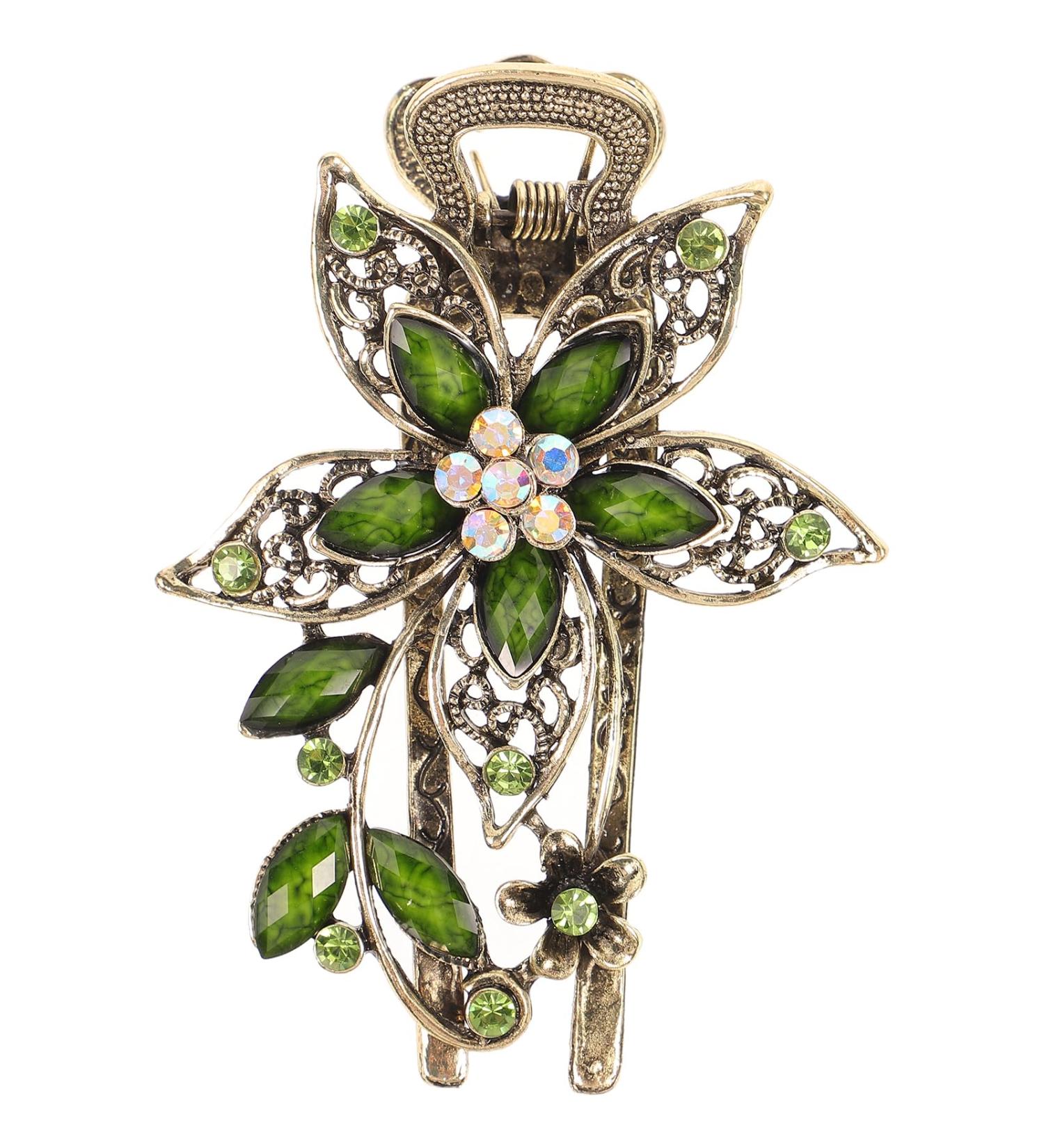 Healeved Elegant Vintage Hair Claw Clip - Ornate Gold Hairpins and Green Hair Accessories for Women - Crystal Embellished Barrettes and Flower Hair Clips - Buy Online on GoSupps.com