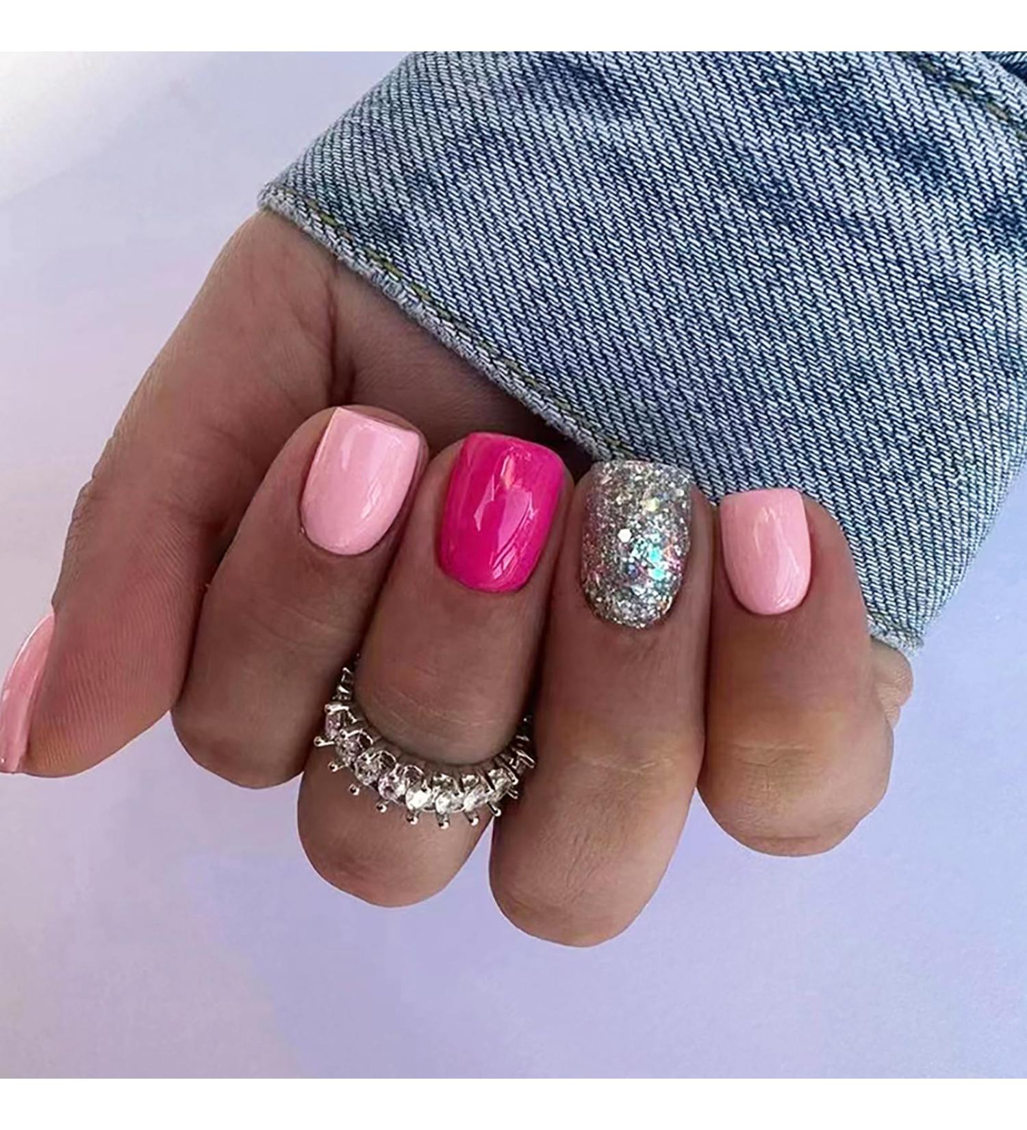 Short False Nails - Cute Red & Pink Square Press On Nails with Silver Glitter | 24 Pcs Acrylic Stick On Nails for Women & Girls - Buy Online on GoSupps.com