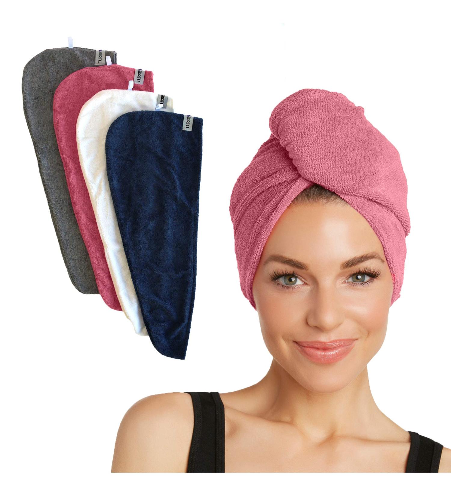 Turbie Twist Microfiber Hair Towel Wrap 4 Pack | Quick Dry Hair Turbans for Curly, Long & Thick Hair - Pink, Blue, Grey & White - Buy Online on GoSupps.com