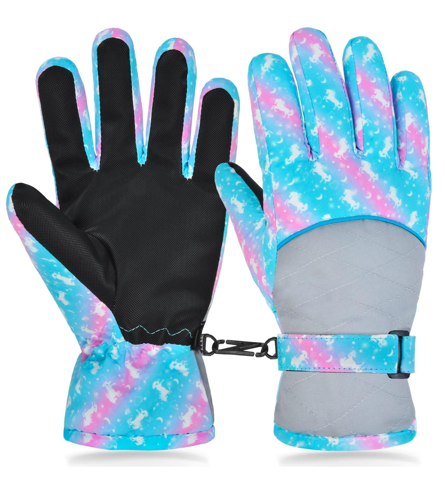 Ausletie Kids Waterproof Winter Snow Gloves - Blue Unicorn | Warm Snowboard Gloves for Girls | Outdoor Ski Gloves for Children - Buy Online on GoSupps.com