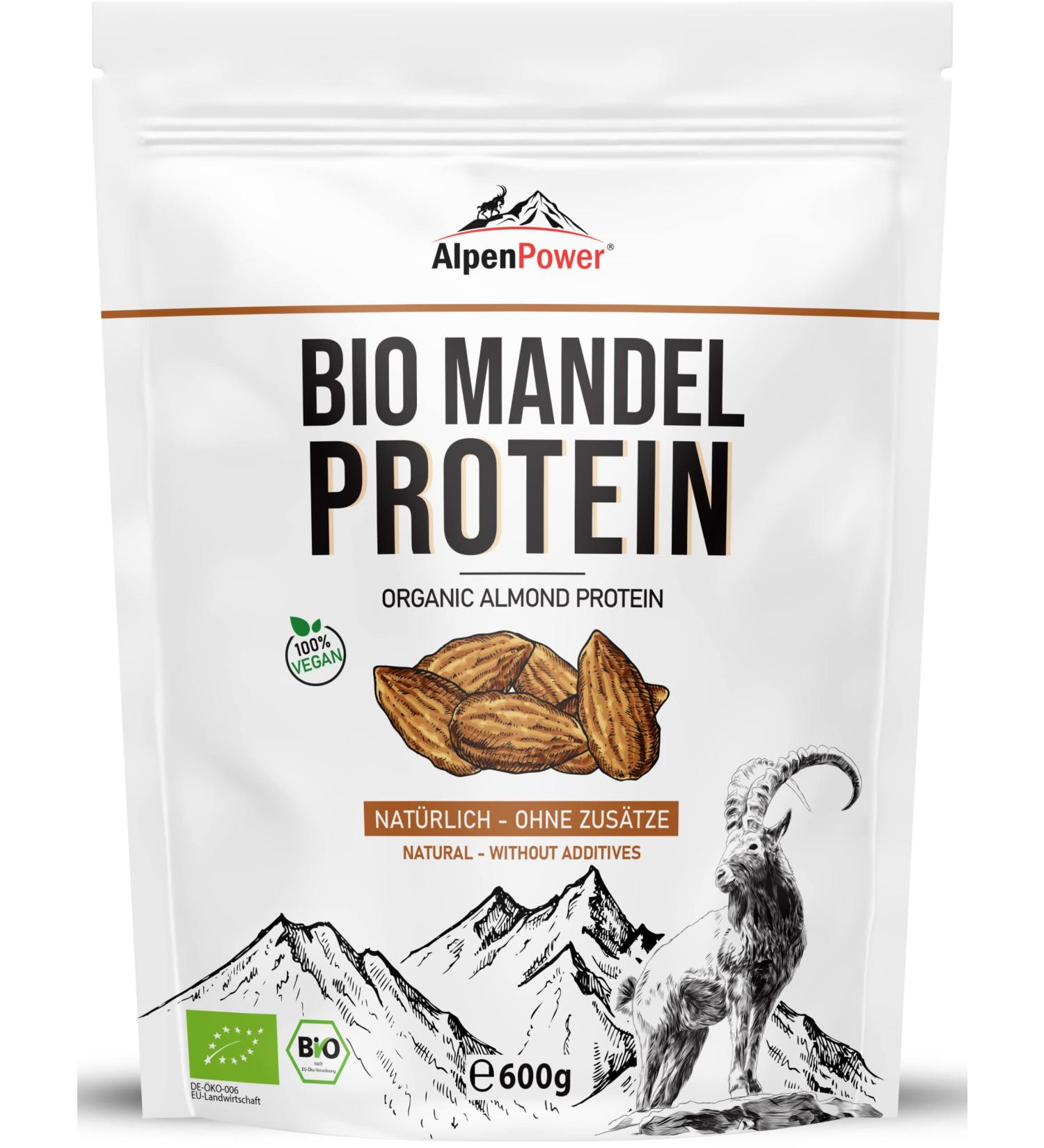 Alpenpower Organic Almond Protein Powder 600g | Vegan Gluten-Free 50% Protein | Rich in Calcium & Vitamins | 100% Organic Almonds - Buy Online on GoSupps.com