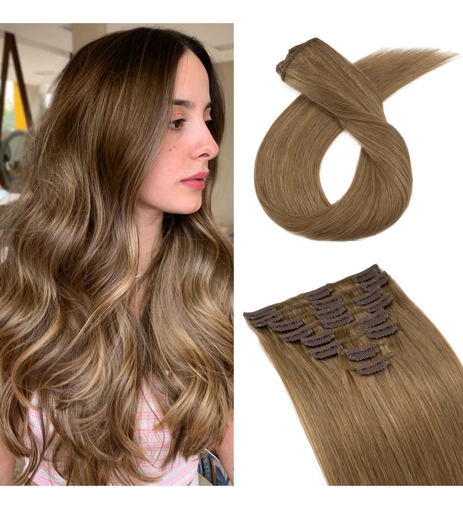Clip-in Real Hair Extensions | 100% Remy Human Hair | Light Brown #6 | 8 Wefts | Affordable 18 (45cm) Hairpiece - Buy Online on GoSupps.com