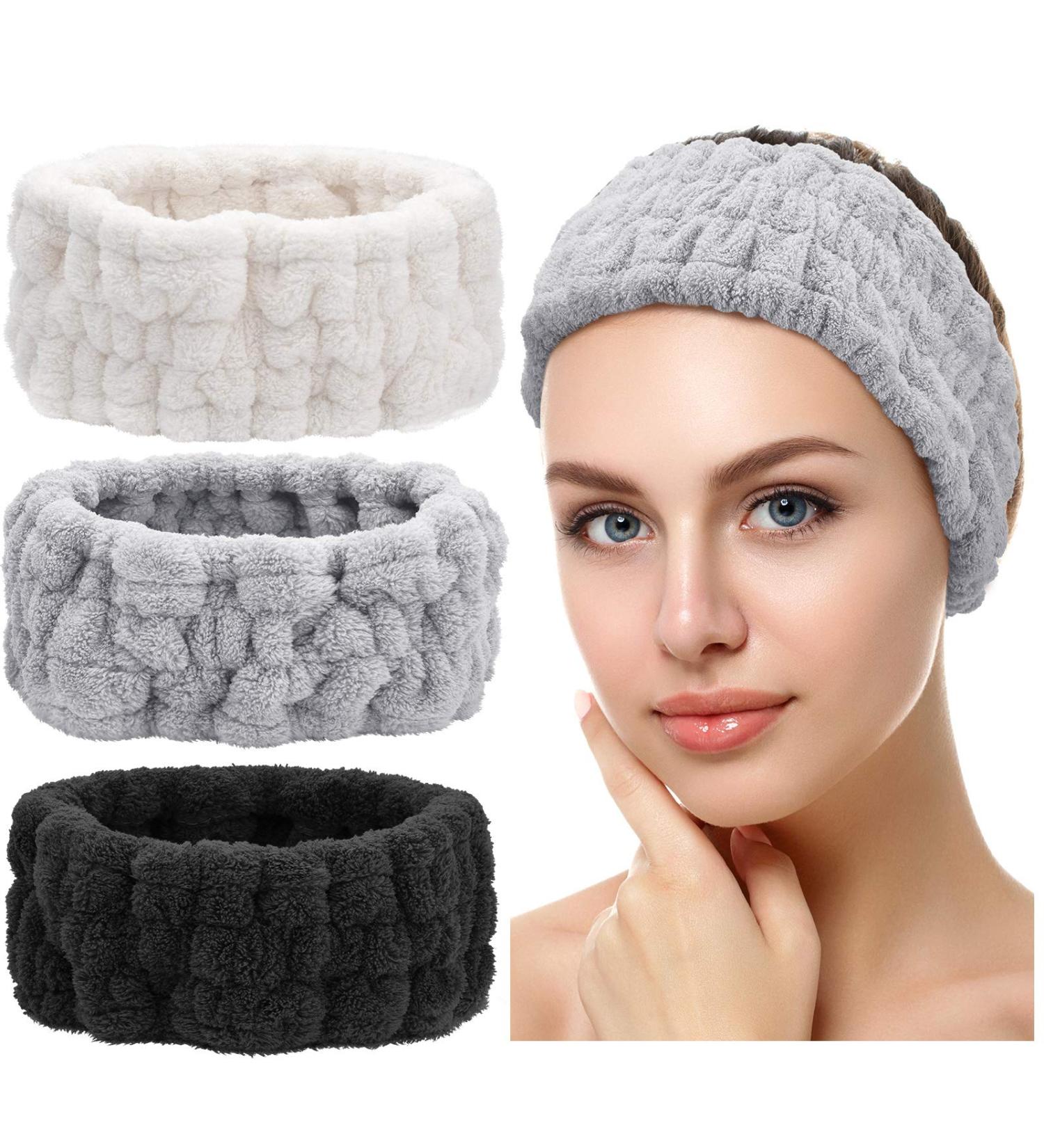 3-Pack Spa Facial Headbands - Terry Cloth Hairbands for Makeup, Washing & Yoga - Black, White, Light Grey - Buy Online on GoSupps.com