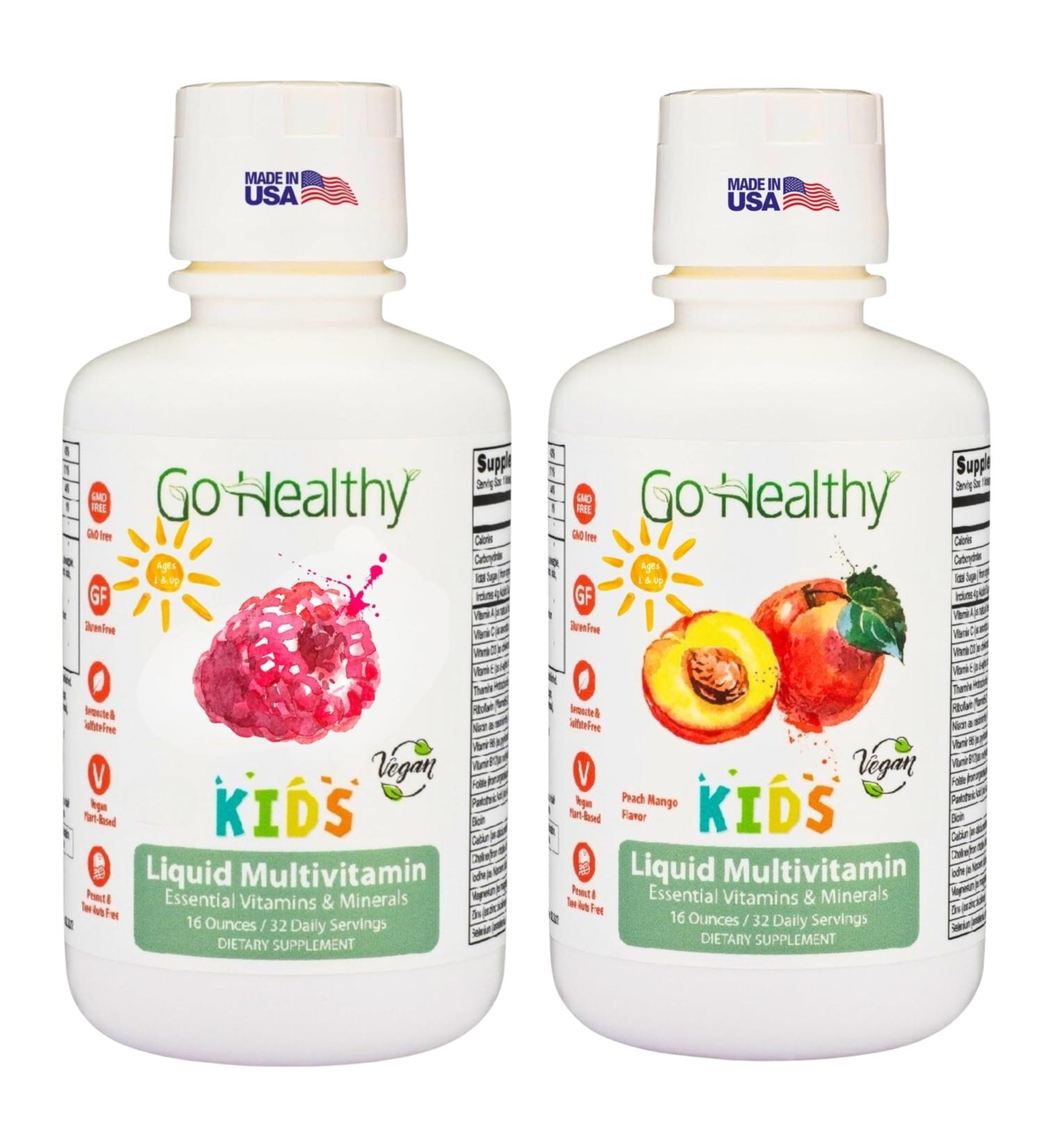 Go Healthy Liquid Multivitamin for Kids 2 Pack Bundle 1 Raspberry Bottle and 1 Peach Mango Bottle - Buy Online on GoSupps.com